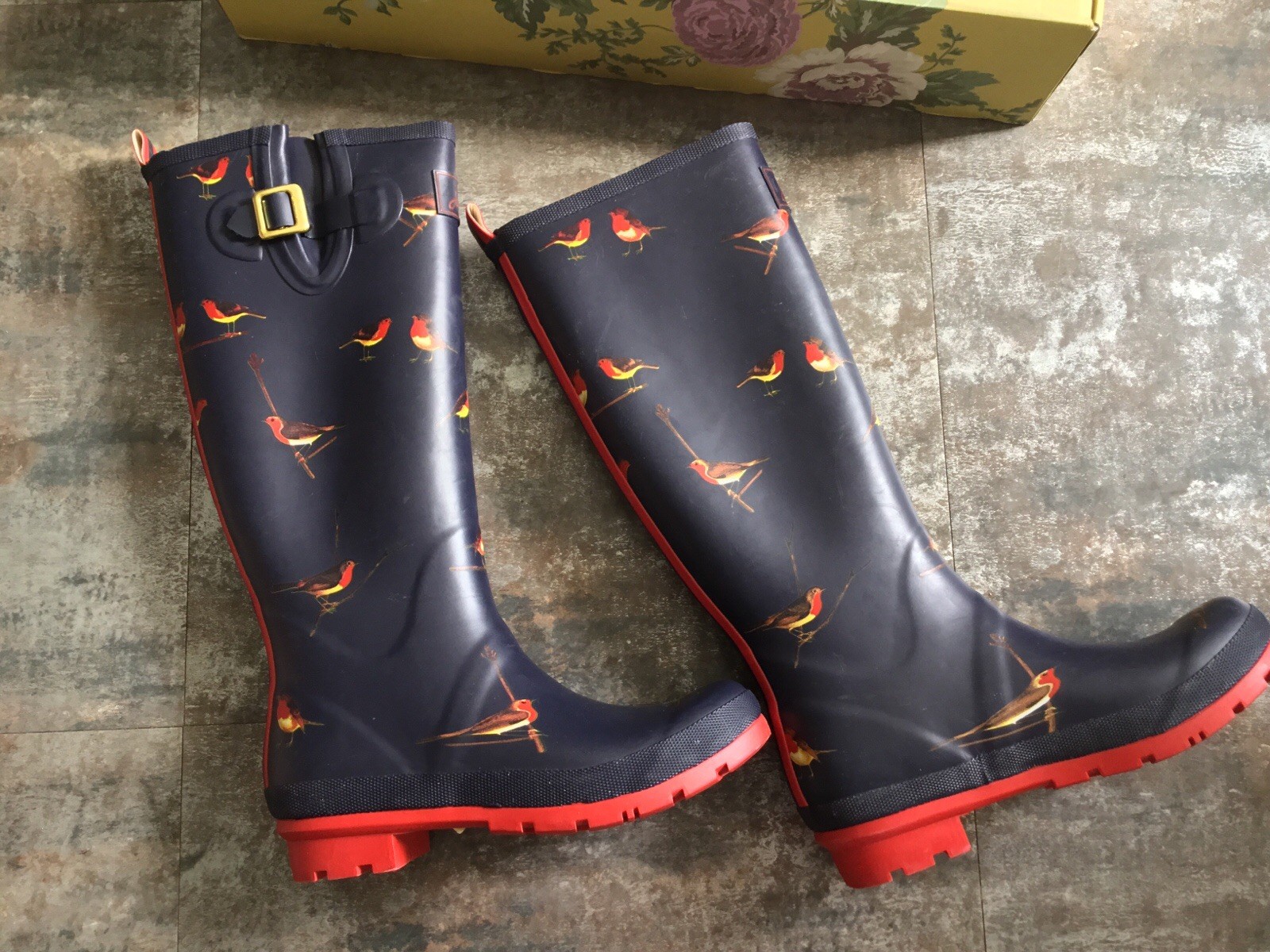 Women’s Joules Tall Rain Boots Sz 9 Welly Print Robin Bird Navy Red New NIB 2015