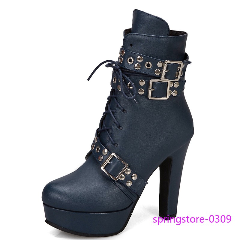 Women Lace Up Ankle Boots High Heels Platform Shoes Studded Strap Belt Plus Size