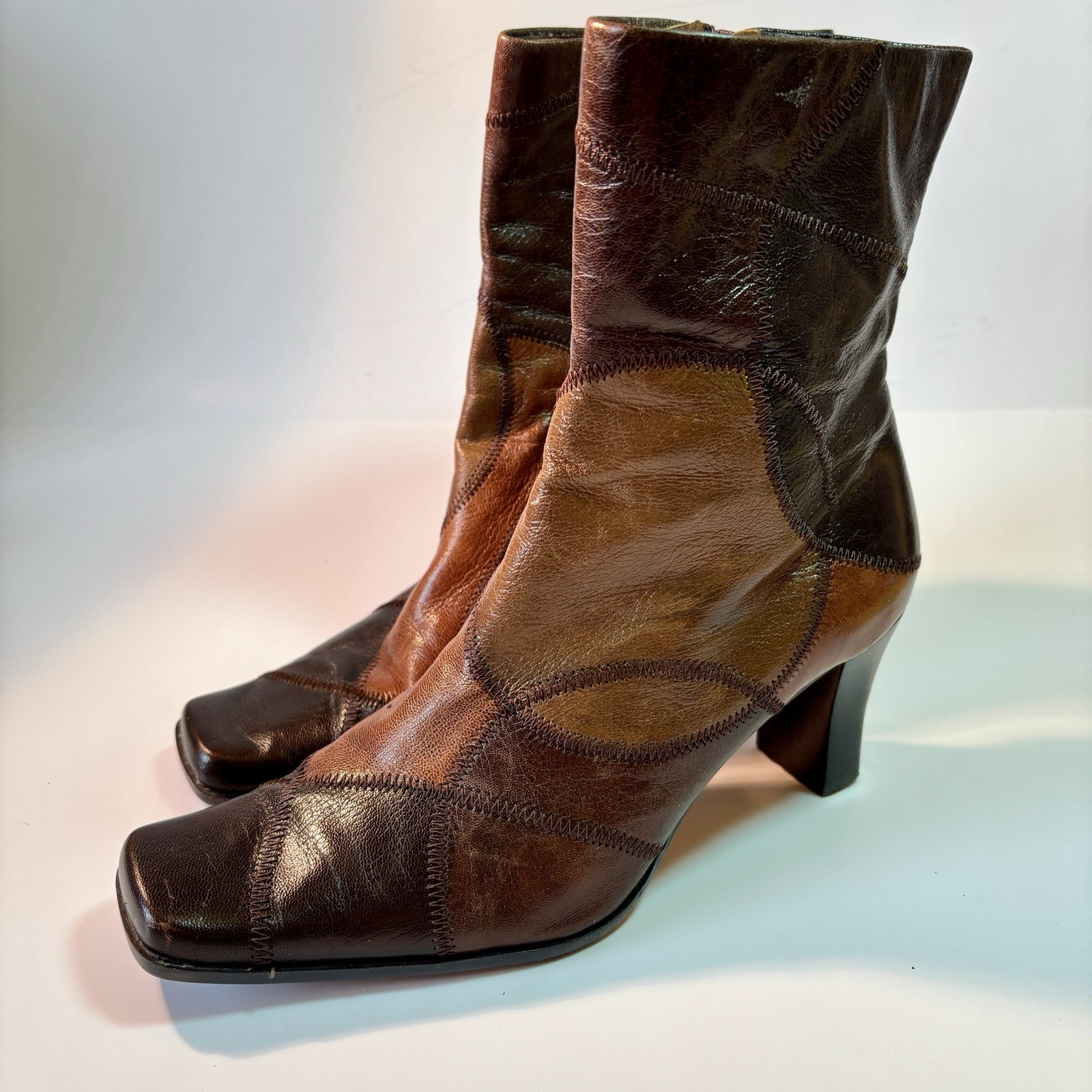 Liz Claiborne Boots 6.5 Short Mid Calf Leather Brown Patchwork 9” Shaft Height