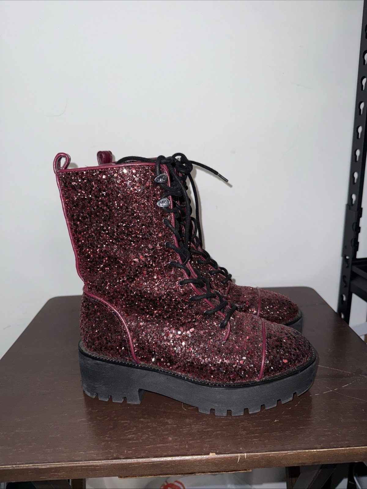 Michael Kors Bryce Lug Sole Combat Booties Cherry Glitter Women’s Size 7