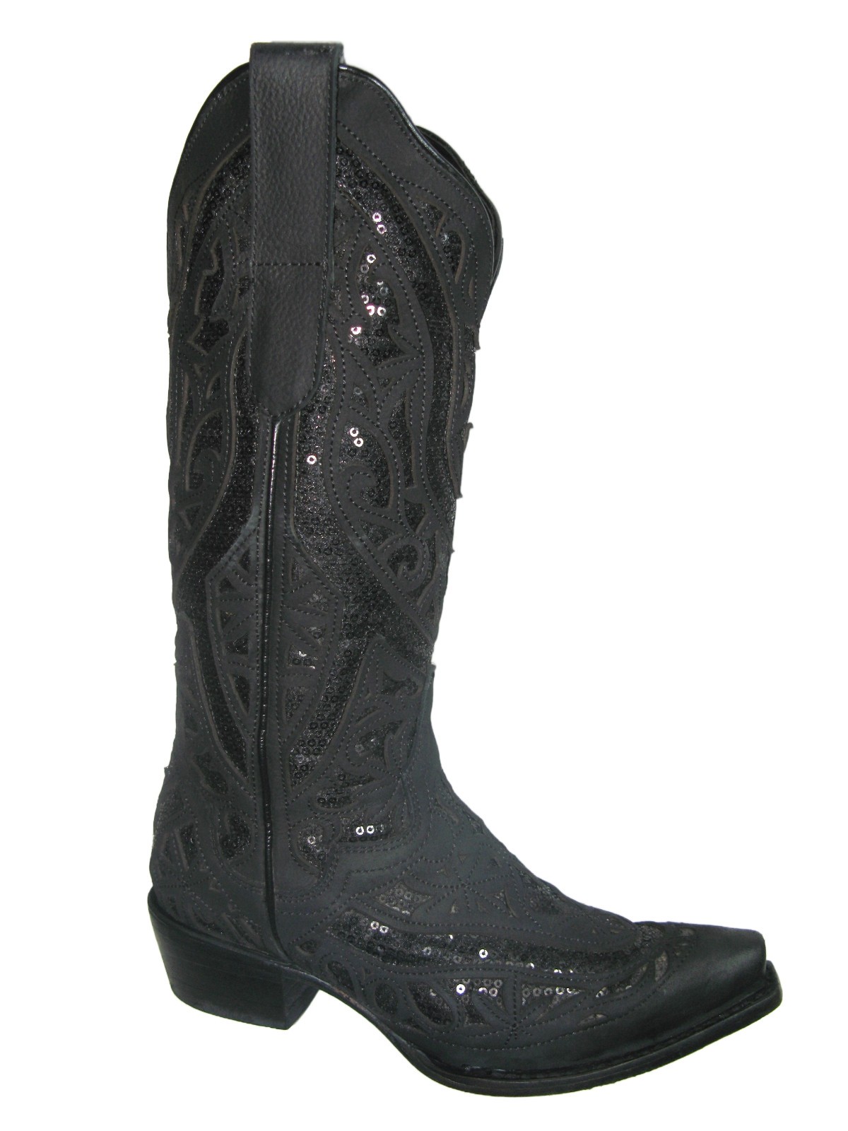 J.B. Dillion Fancy Western Cowboy Boots Women 5 C Sequin Inlays Black Snip-Toe