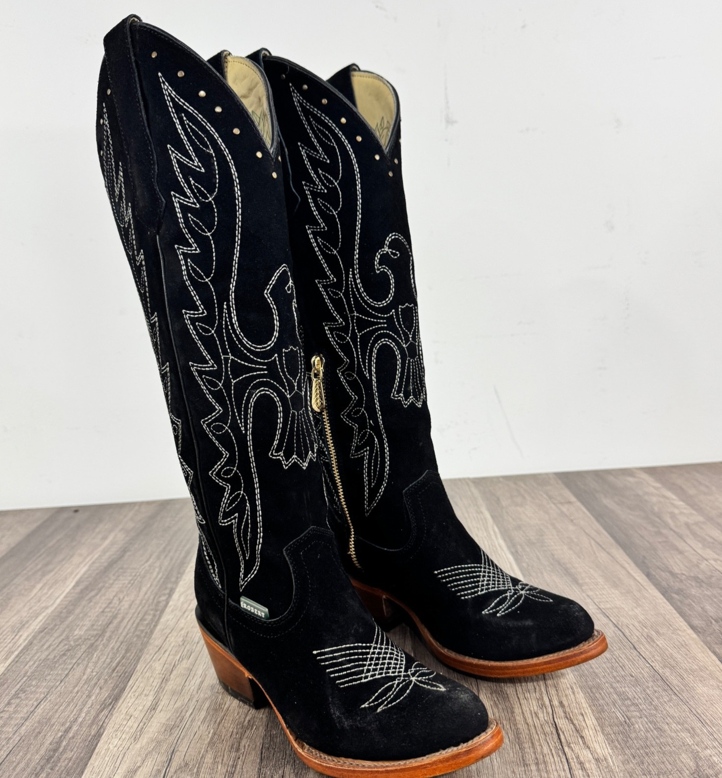 WOMENS ROBERT ELEGANT BLACK SUEDE WESTERN STITCHING BOOTS SIDE ZIPPER SIZE 5.5