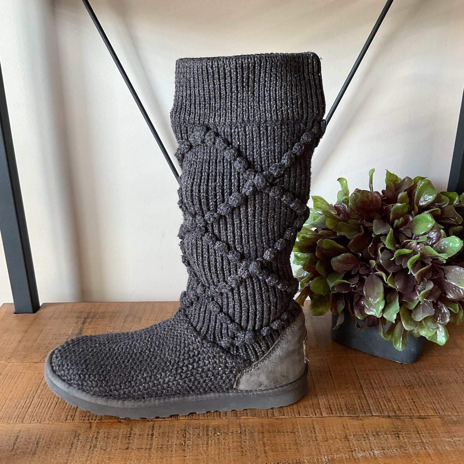 UGG Cardy Argyle Chunky Cable Knit Sock Boots Women 8 Gray Pull On Boho Cottage