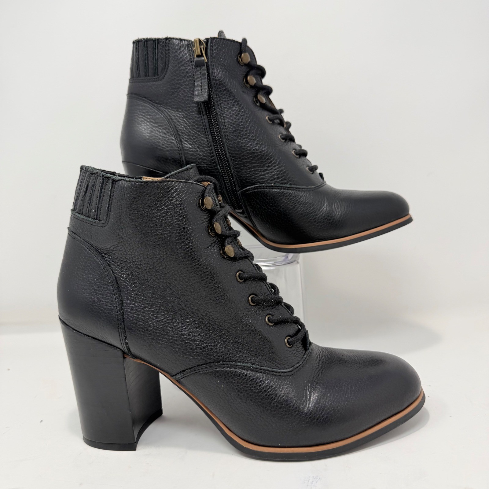 Franco Sarto Savor Black Leather Lace Up Ankle Boots Womens 9M Heel 3.5″