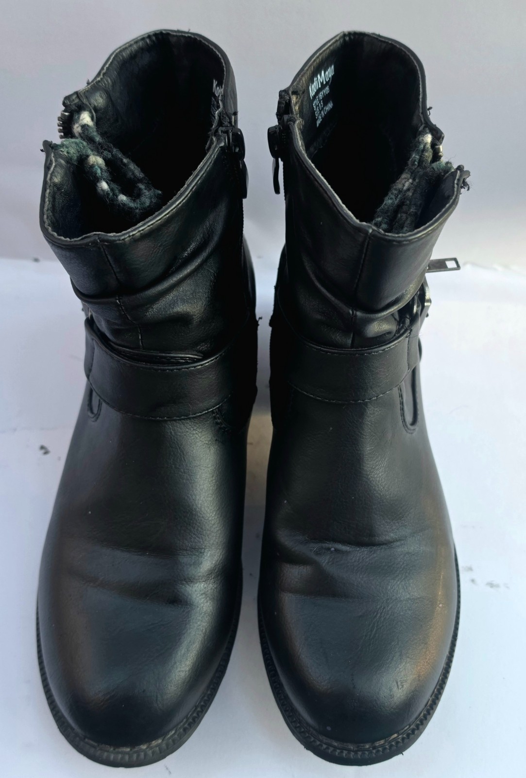 KadiMaya Black Moto Ankle Boots Women’s Size 8.5 Buckle Zip Fleece Lined
