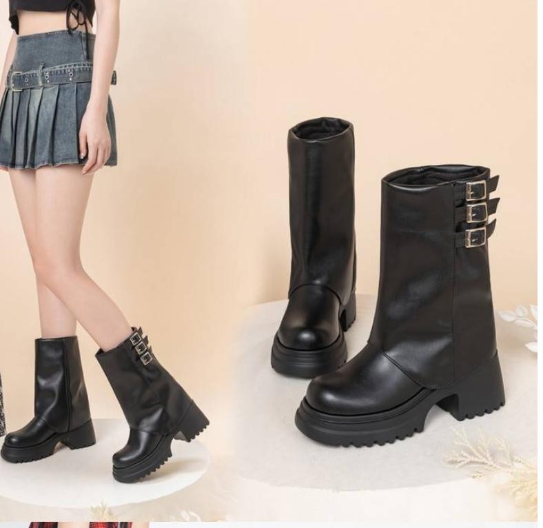 Womens Faux Leather Block Heel Platform Mid Calf Boots Punk Western Casual Shoes
