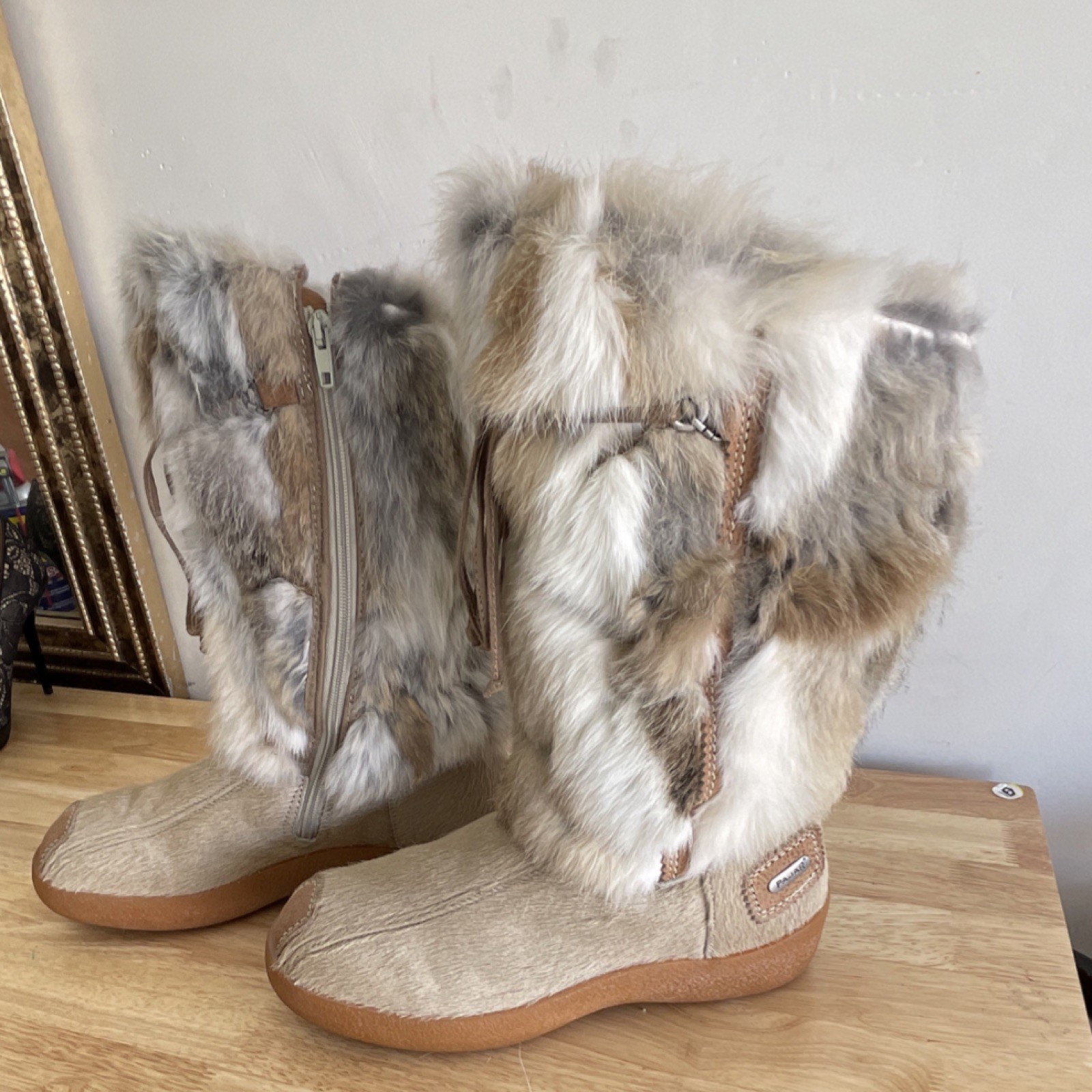 Pajar Women’s Fur Mid-Calf Snow Boots Beige Brown Gray US Size 9.5