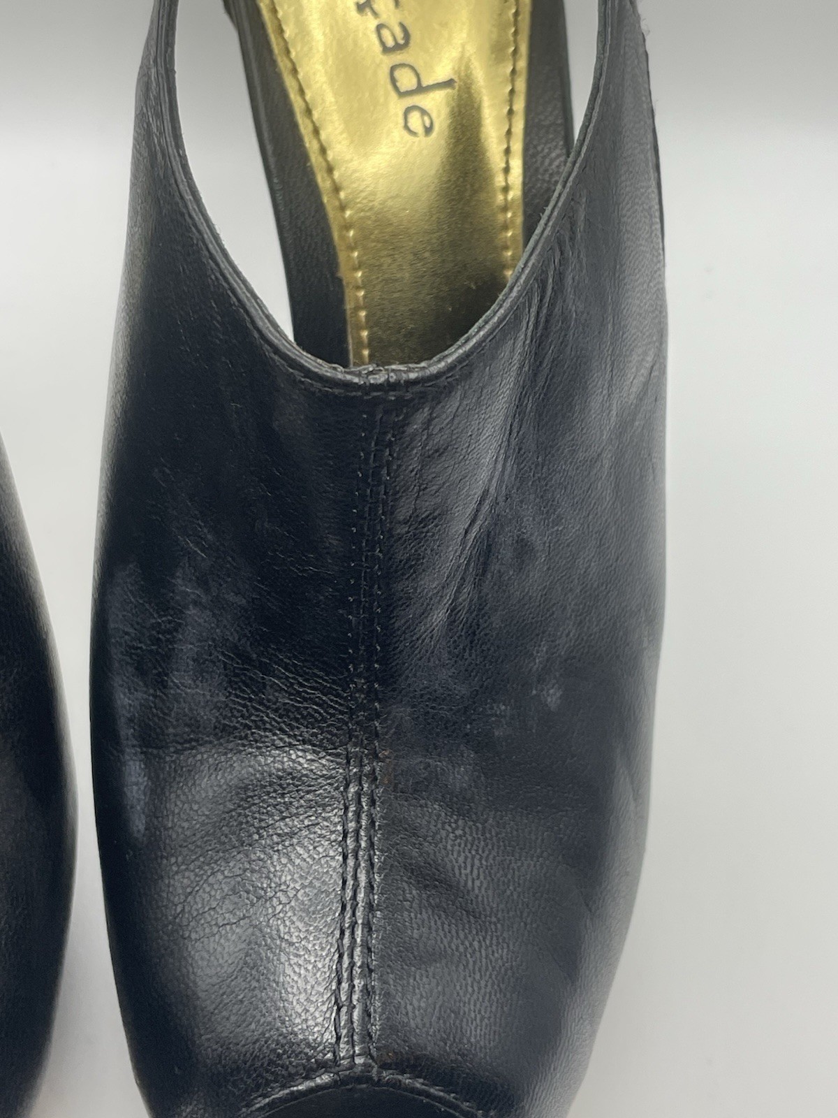Façade Moto Open Toed Heel Bootie 5.5 Black Leather with Gold Hardware