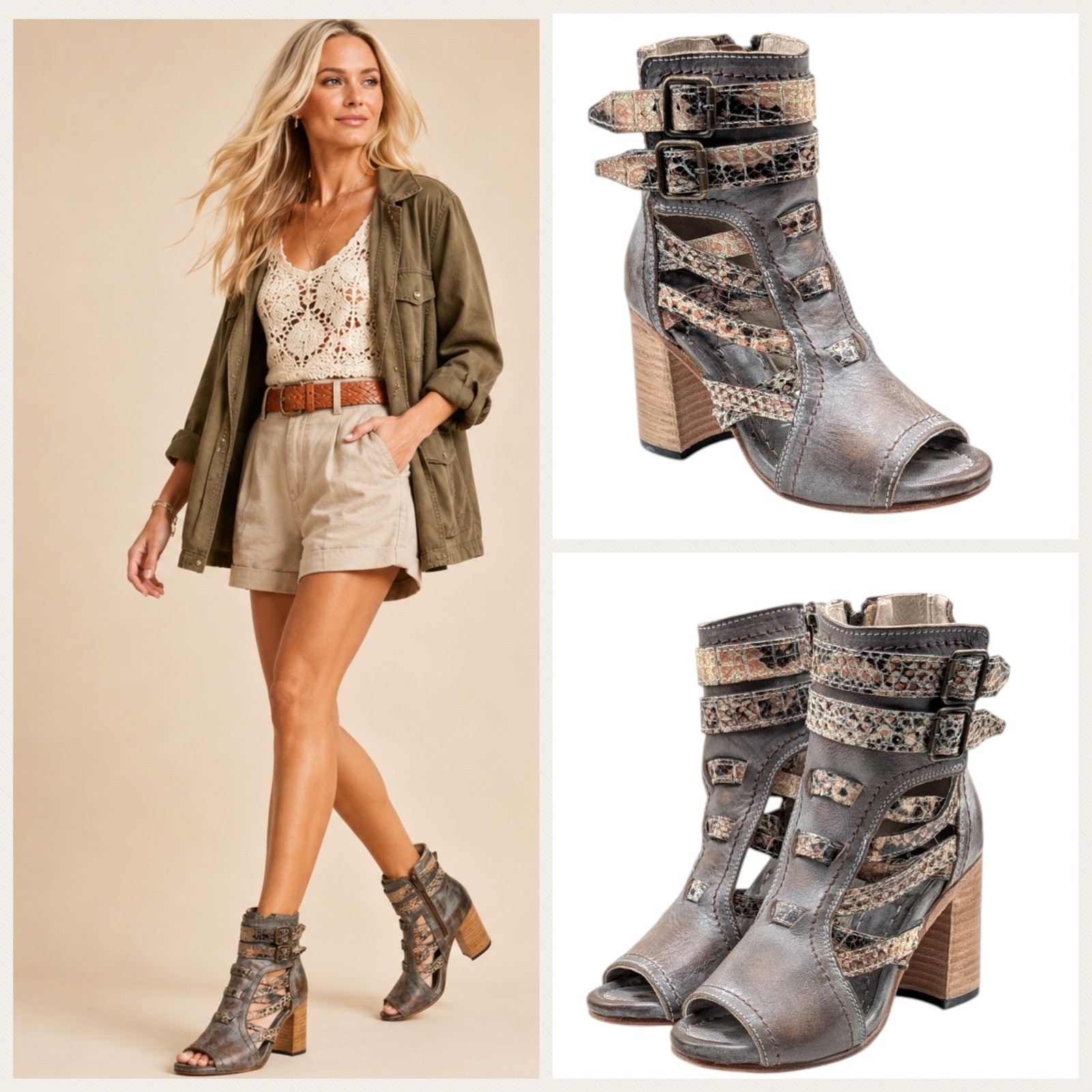 Freebird Tiara Rare Color Peep Toe Gladiator Booties Gray Multi 6 S4250