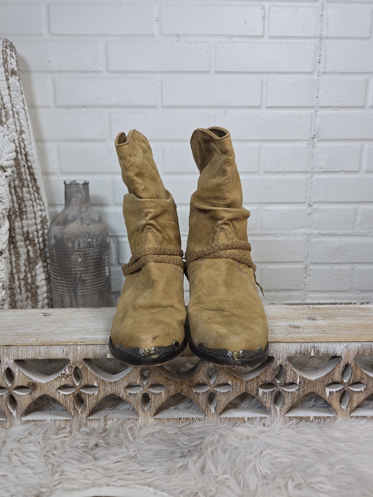 Vintage Zodiac Tan Leather Slouch Cowboy Boot Size 8