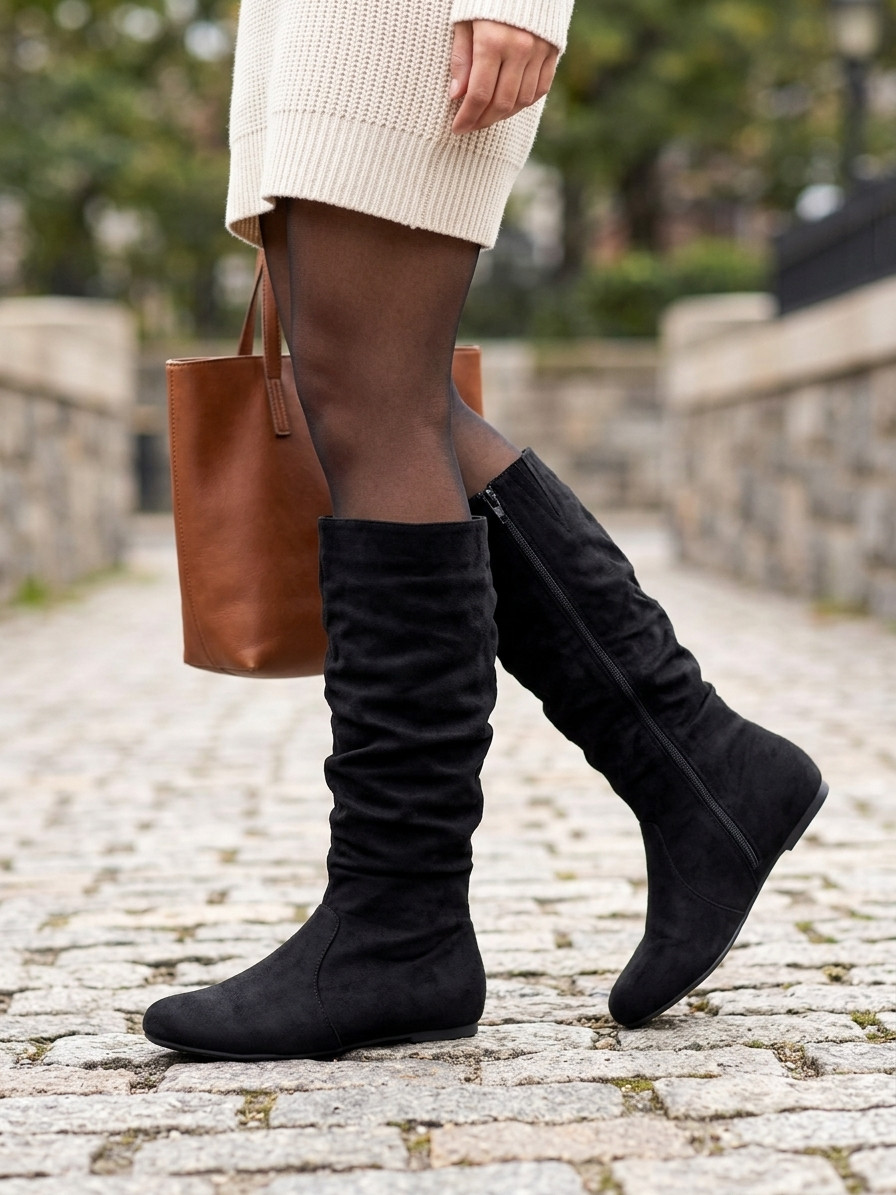 Women’s Flat Slouch Mid Calf Boots Winter Casual Comfort Soft Fashion Shoes