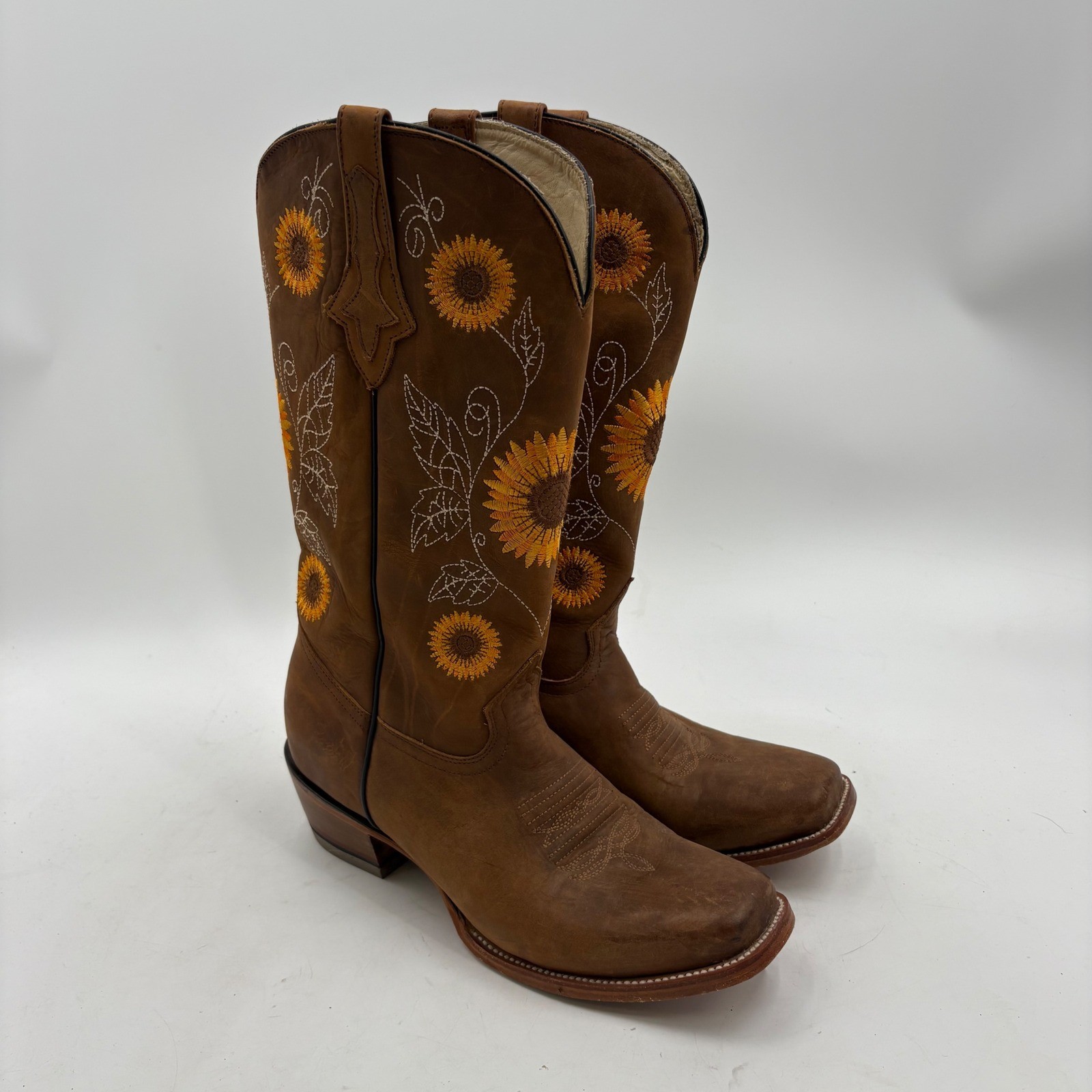 Western Artesanal Brown Leather Sunflower Embroidered Cowboy Boots Sz 27 US 10