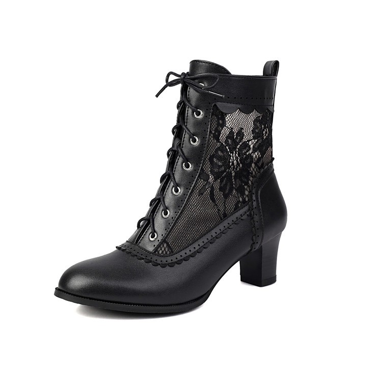 Occident Women’s Low Heels Mesh Lace Up Ankle Short Boots Party Round Toe Shoes