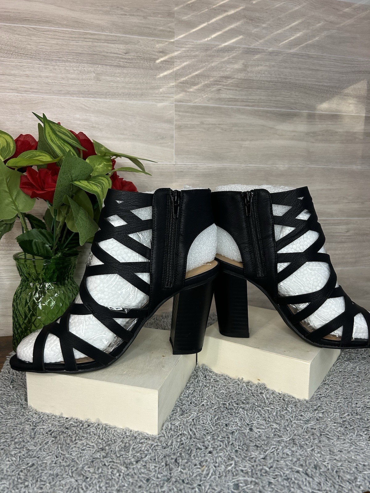Women Black Strappy Ankle Booties Open Toe Chunky High Heel Sandals Size 8