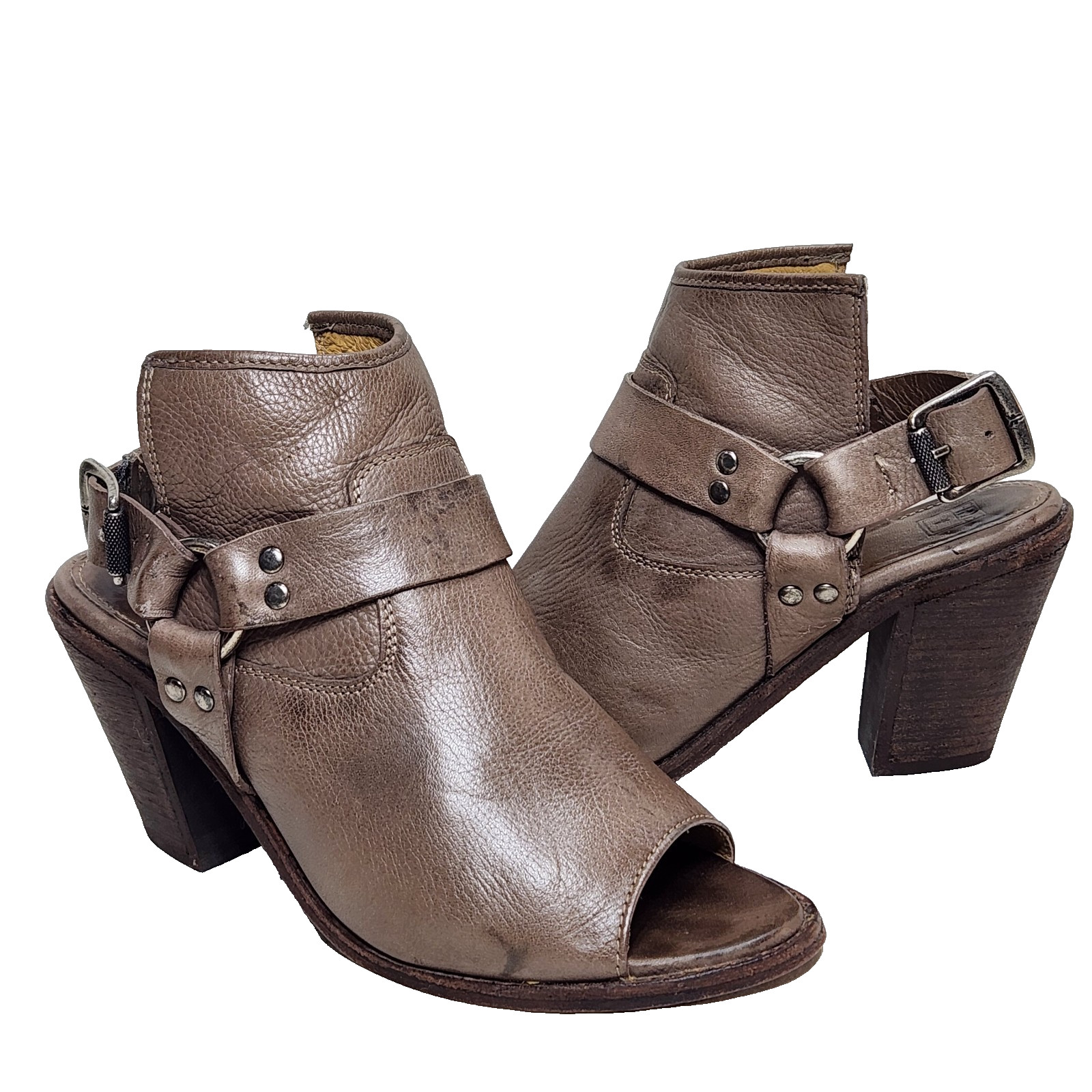 FRYE Izzy Harness Artisan Leather Open Toe Booties Sz 8.5 Taupe Grey Sandals