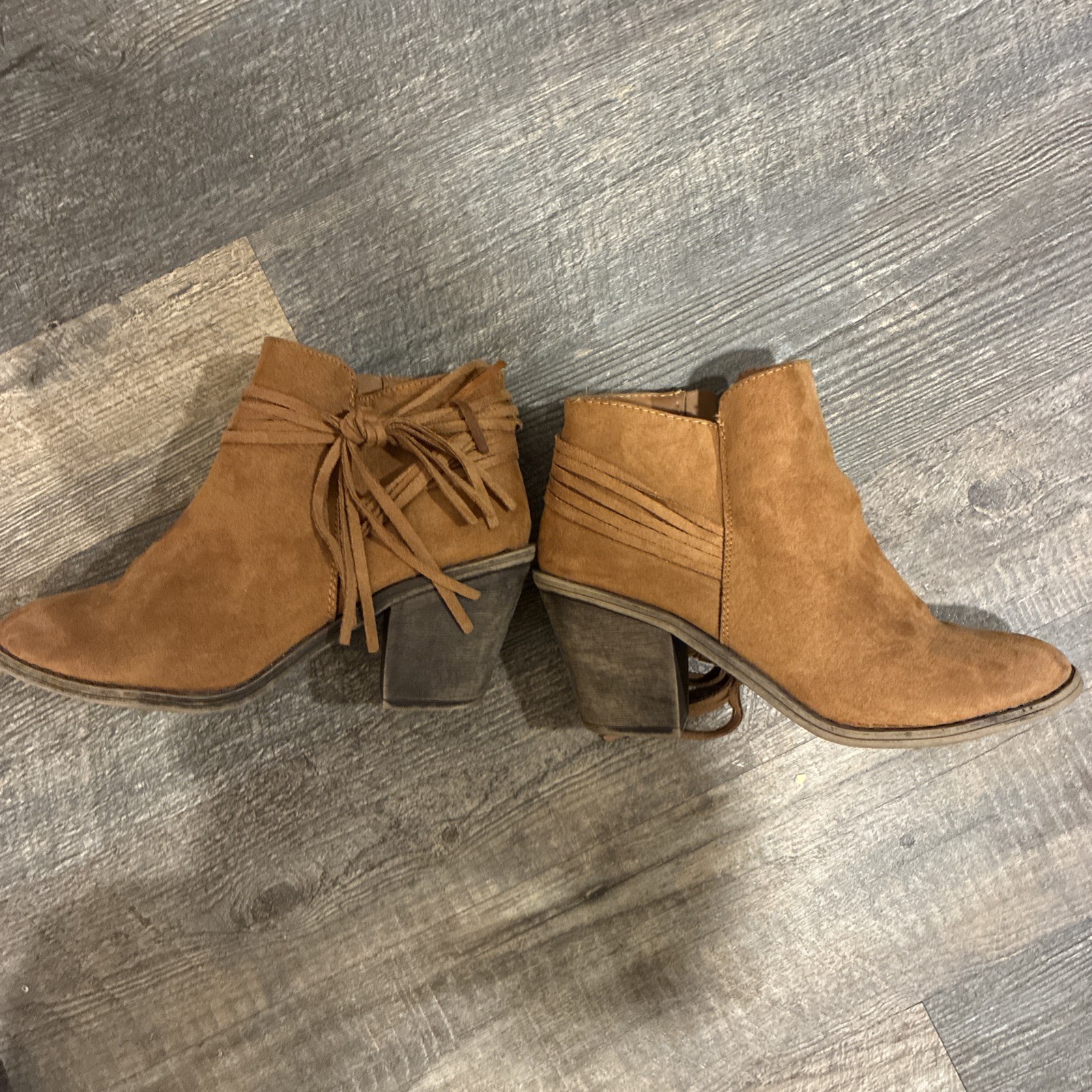 Time and True Faux Suede Heeled Tassel Brown Booties Size 8.5 Fall Basic Neutral