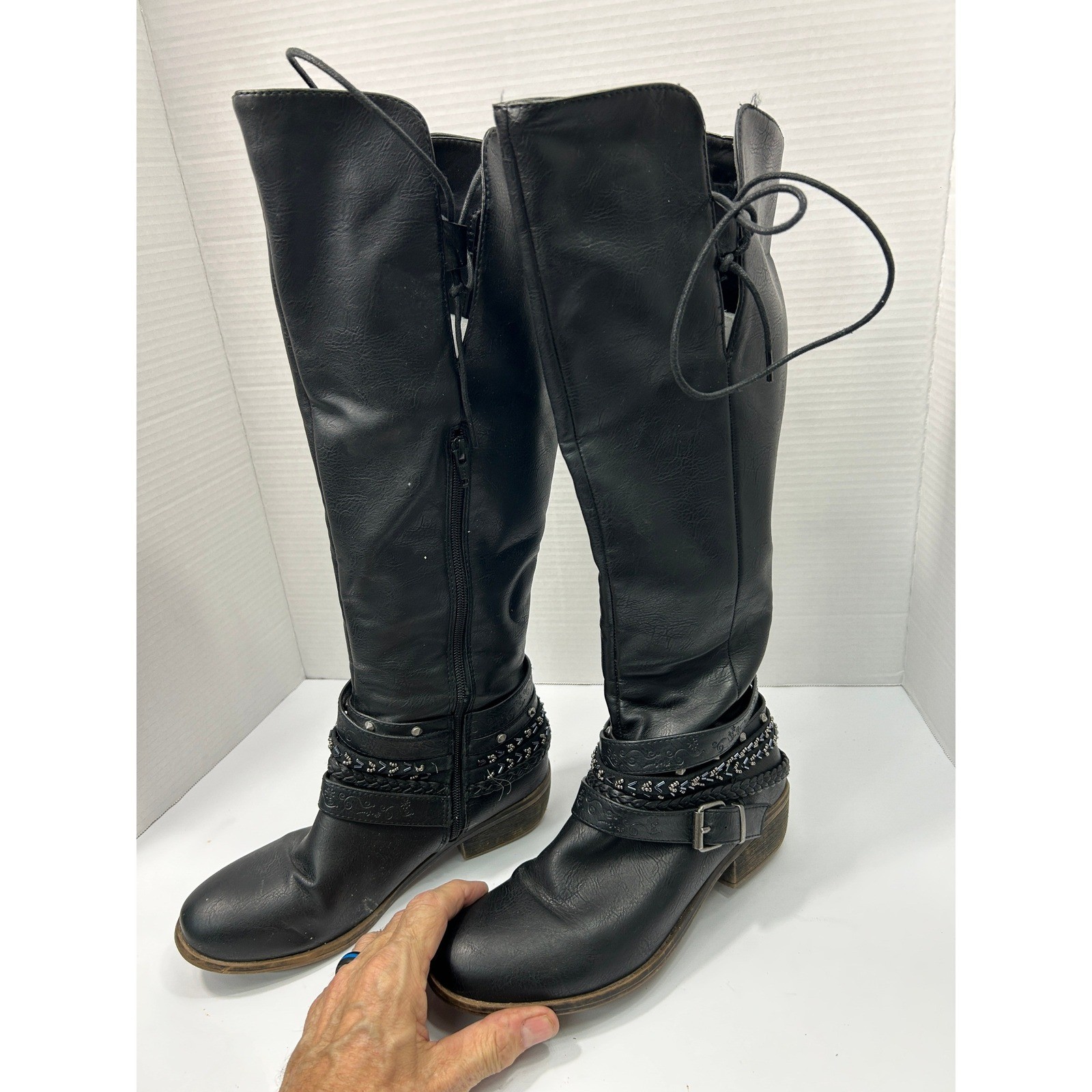 Kohl’s Message Studded Tall Boots 9 Black Boho Strappy Western Biker Festival