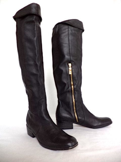 Matiko Over the Knee Black Leather Boots Low Heel Side Zip Womens 6 Mint Upper