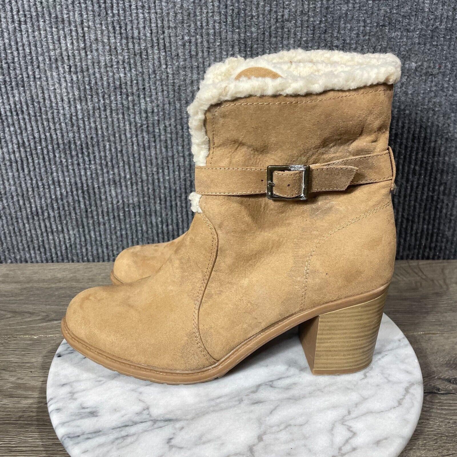 American Eagle Boots Womens 10 Beige Buckle Shepra Lined Faux Suede Heels Cute