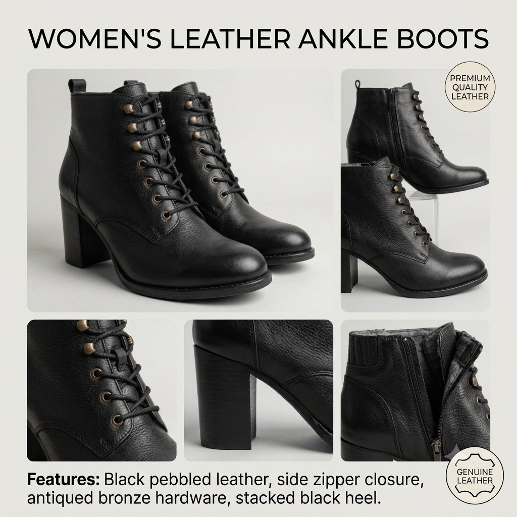 Franco Sarto Savor Black Leather Lace Up Ankle Boots Womens 9M Heel 3.5″