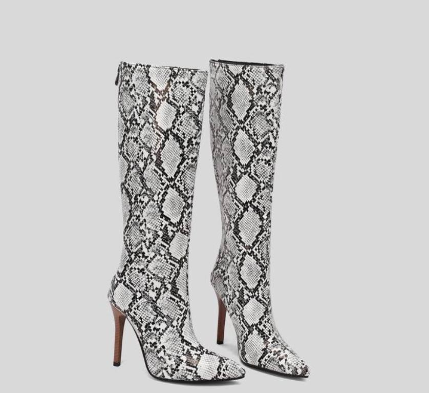 Womens Snake Pattern Back Zip High Heel Knee High Boots Riding Club Casual Shoes