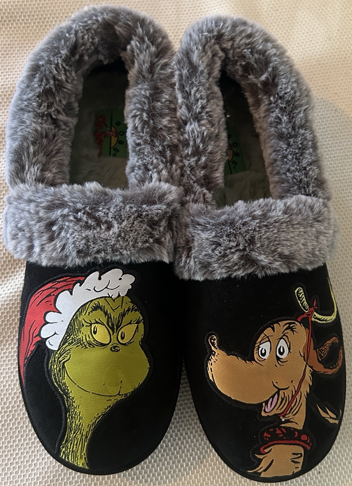 RARE Skechers BOBs Grinch Max Faux Fur DR. SEUSS Slippers Too Cozy! Size 8 Women