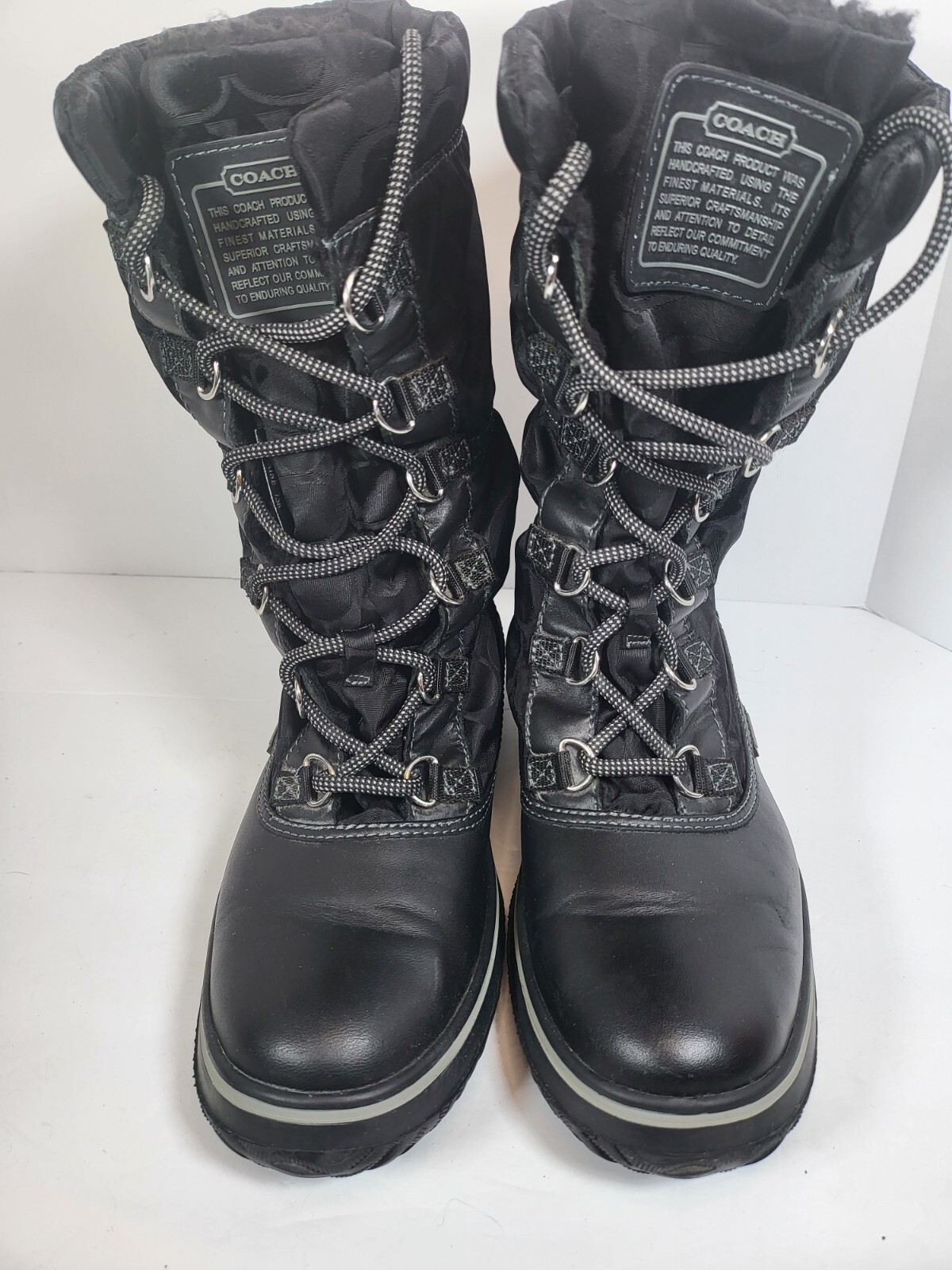 Coach Women’s Black Winter Snow Boots 7.5 Shaine Lined Nylon Leather Logo