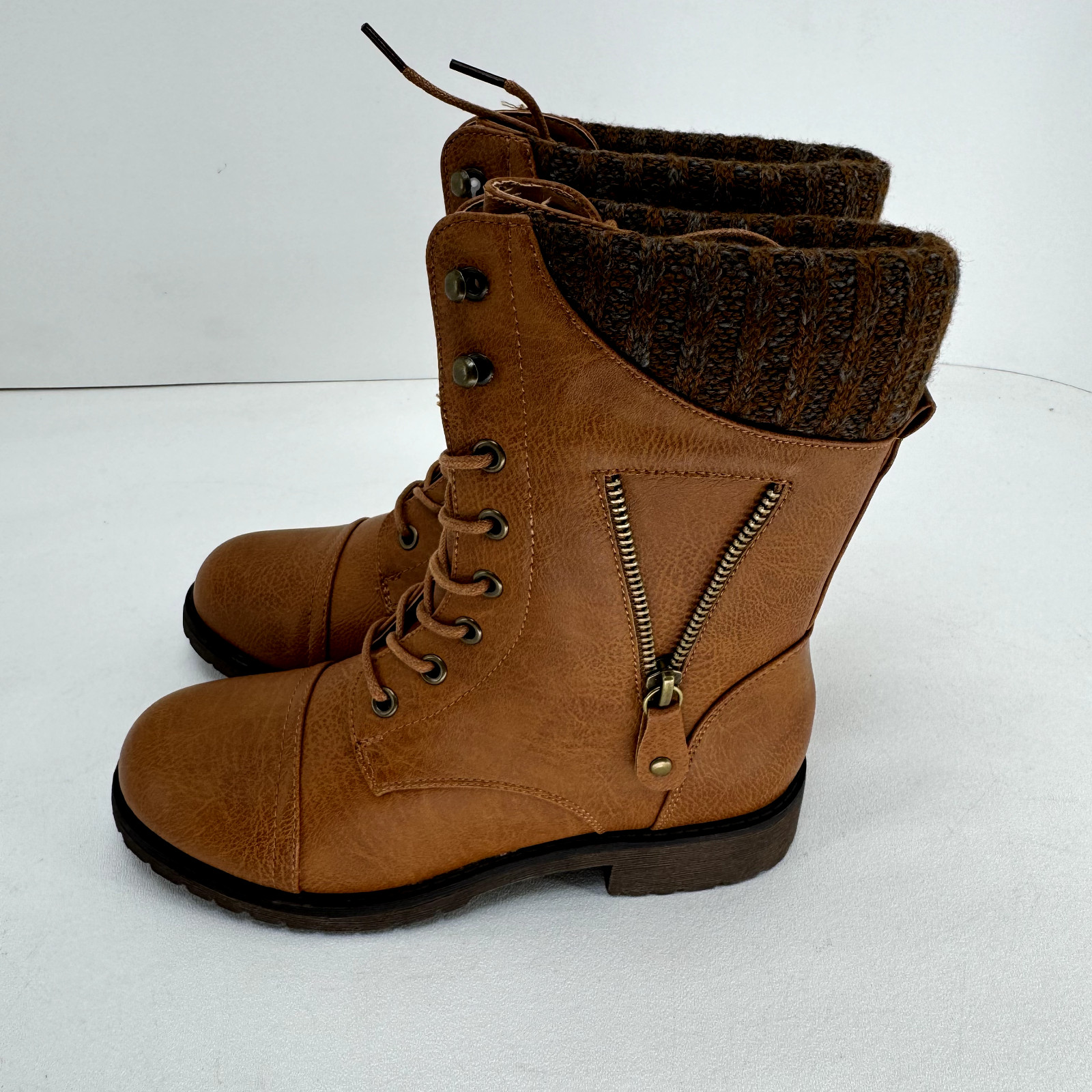 DailyShoes Women’s Military Lace Up Buckle Combat Boots, Slim Tan, Size 5, New