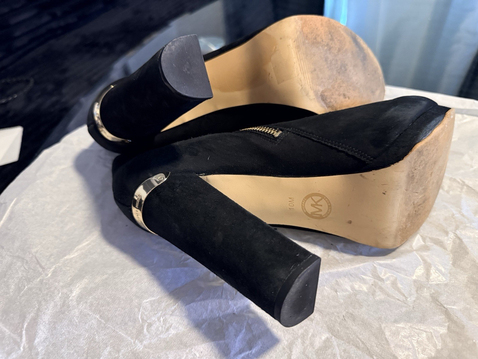 Michael Kors Black Suede Ankle Booties Gold Zip Block Heel Women’s Size 10M