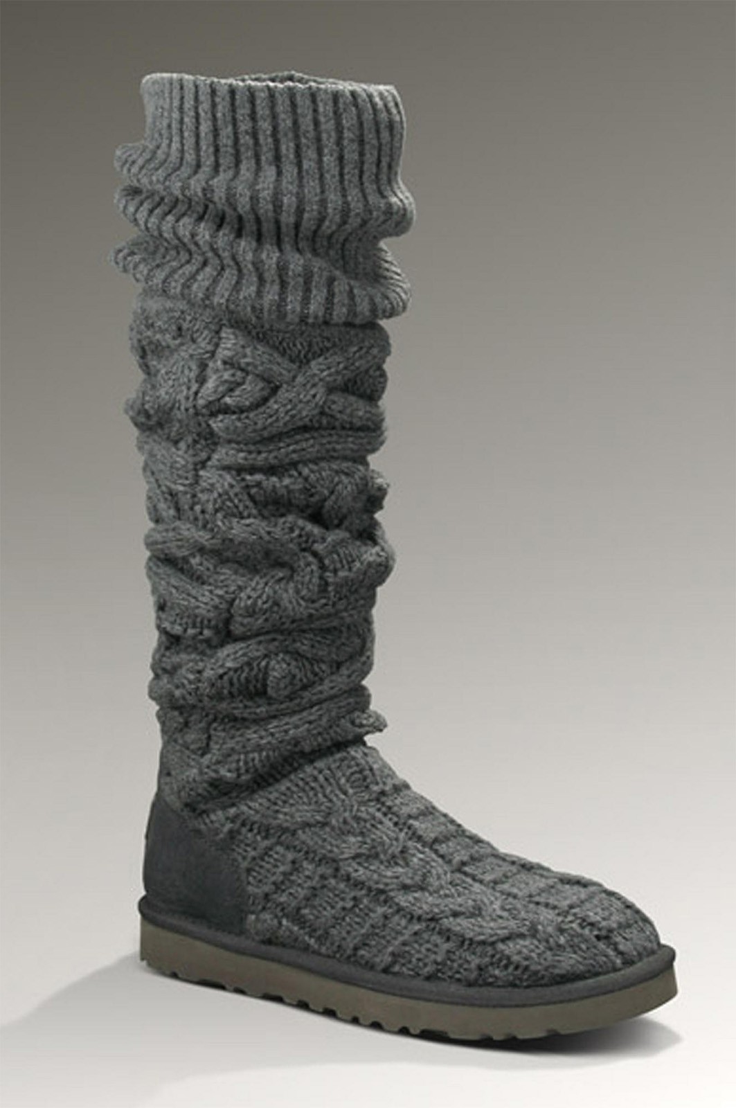 UGG Over the Knee Twisted Cable Knit Charcoal Cardy Fur Boots Size 6 *NEW*