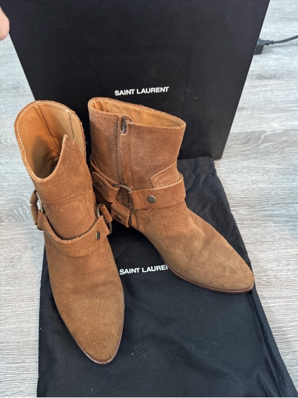 Saint Laurent Wyatt Harness Ankle Boots 38 US 7.5 Brown Suede Italy Box