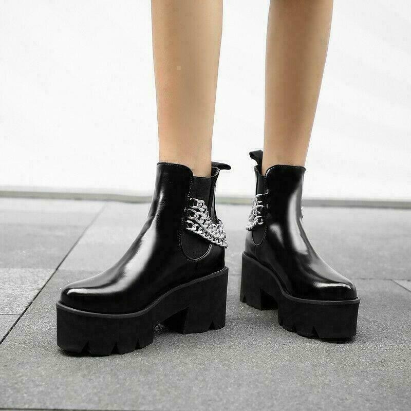Womens Chunky Heel Chelsea Ankle Boots Chain Decor Casual Punk Formal Shoes Size