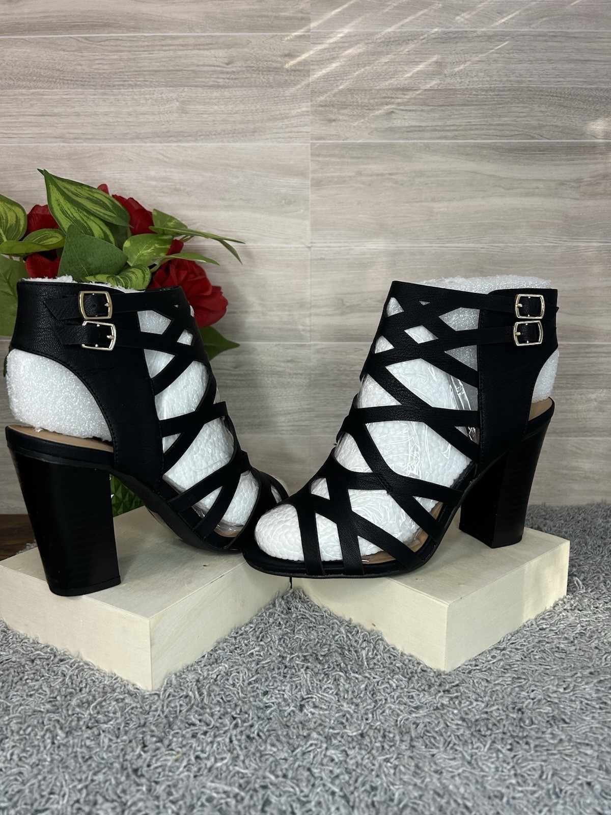 Women Black Strappy Ankle Booties Open Toe Chunky High Heel Sandals Size 8