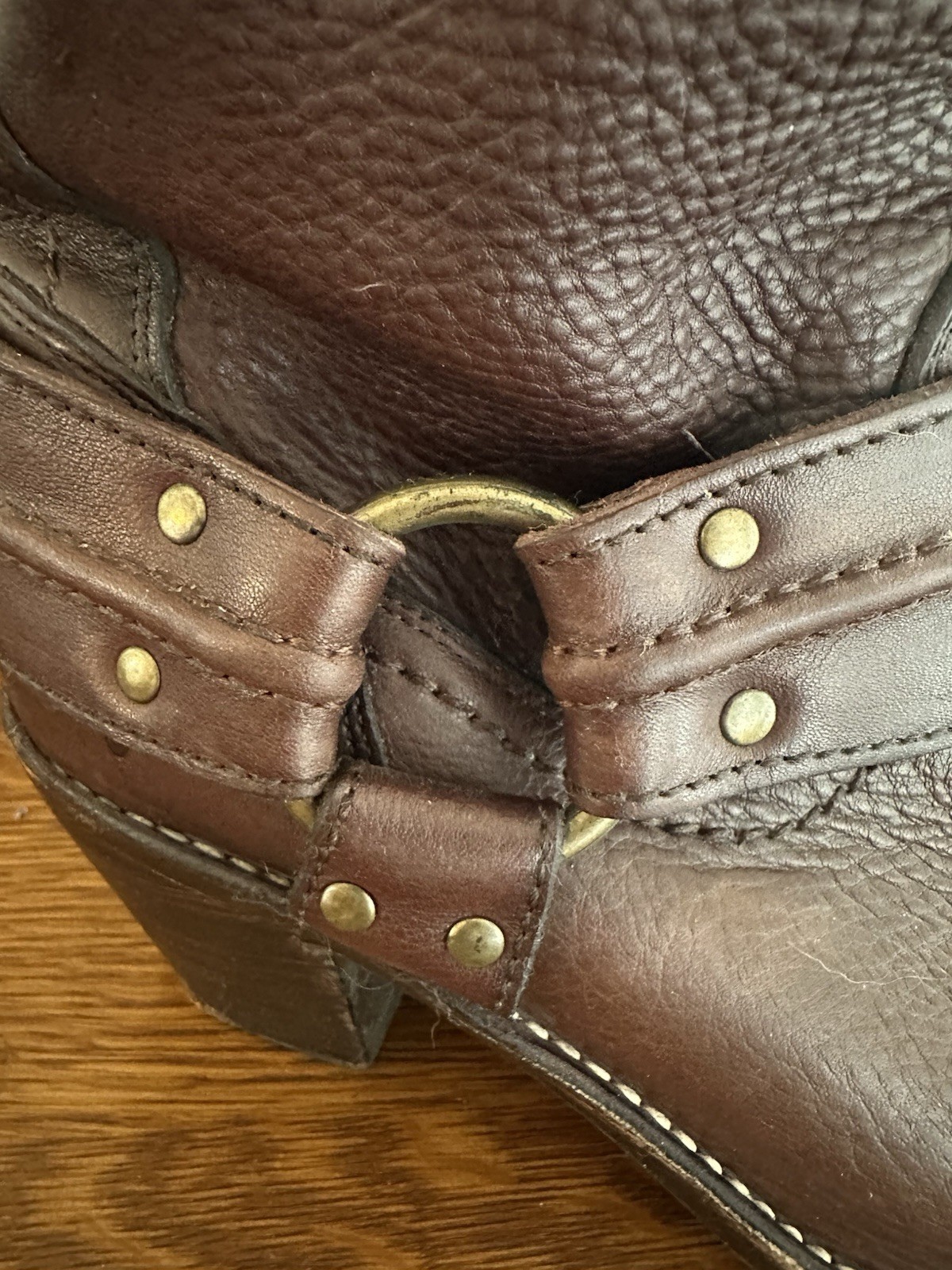 Frye Carmen Brown Leather Moto Harness Heeled Pull On Slouchy MidCalf Boots 8.5