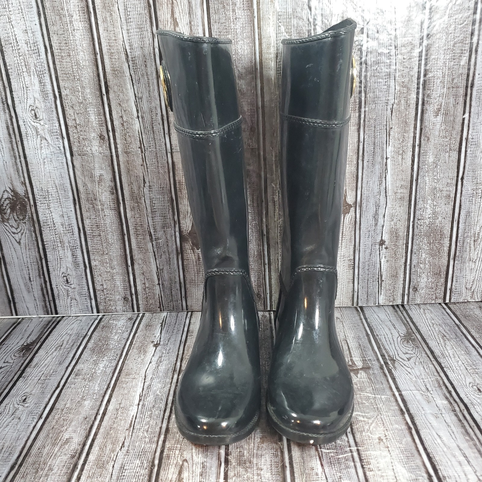 Michael Kors Women’s Black Gold Logo Rubber Pull-On Knee-High Rain Boots Size 9