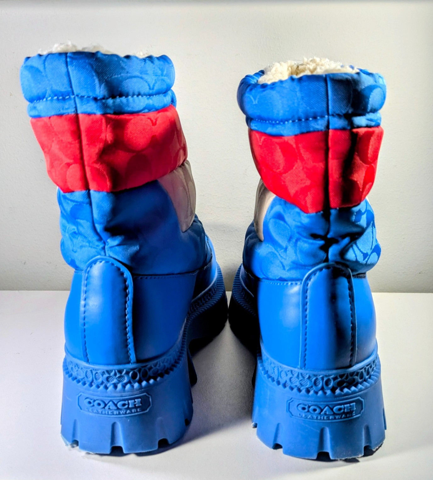 Coach Puffer Snow Boots Womens 8D Blue Signature C Logo Fleece Lined C7739