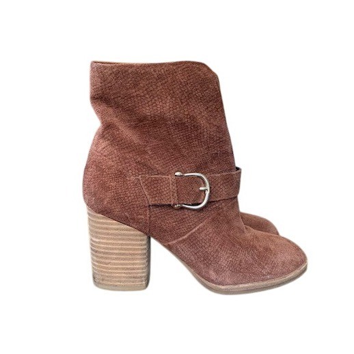 Isola Brown Suede Snake Embossed Buckle Ankle Booties Boho Festival Chic 6.5M