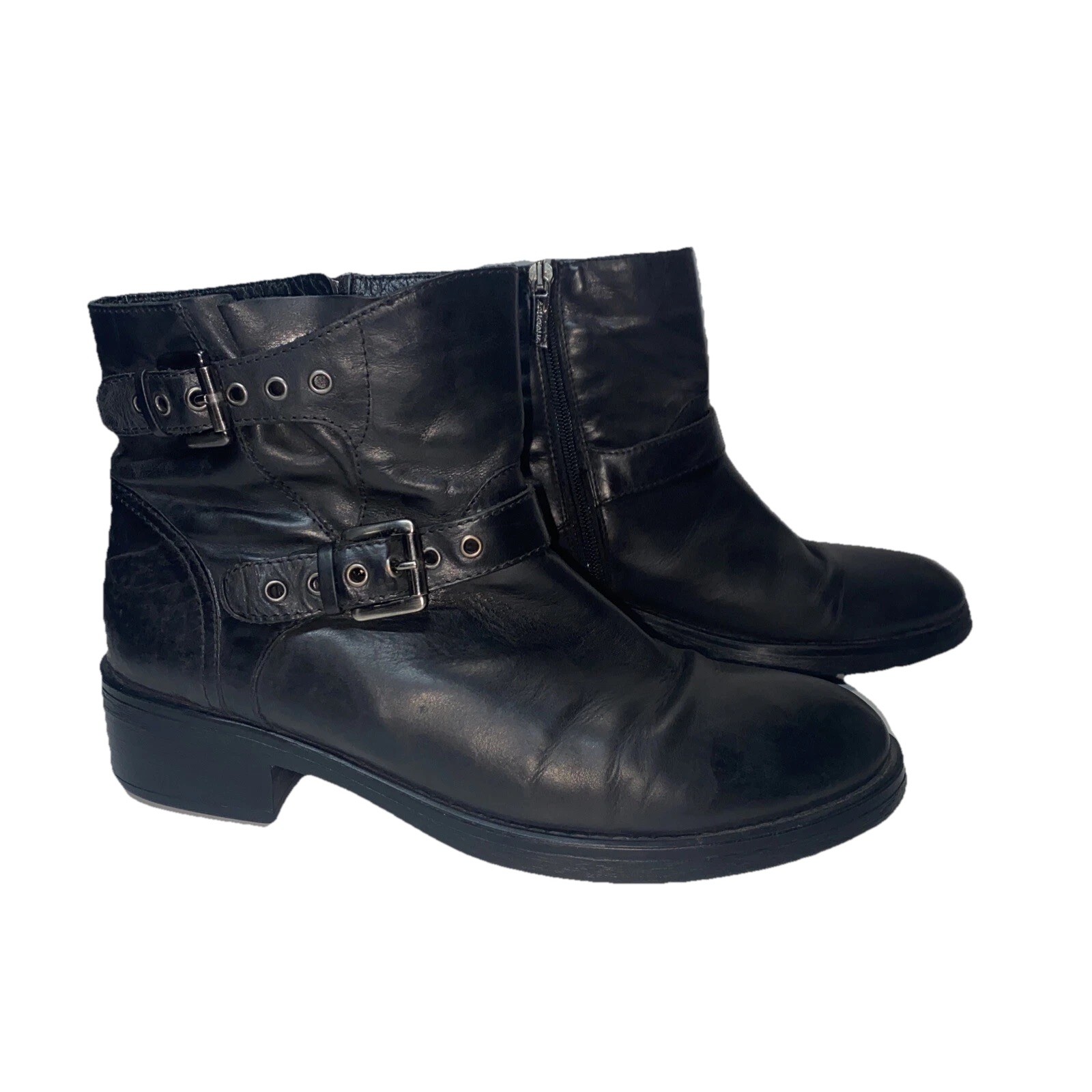Aquatalia Womens Moto Boots Sz 9.5 Black Combat Lug Sole Chunky Buckle Lined