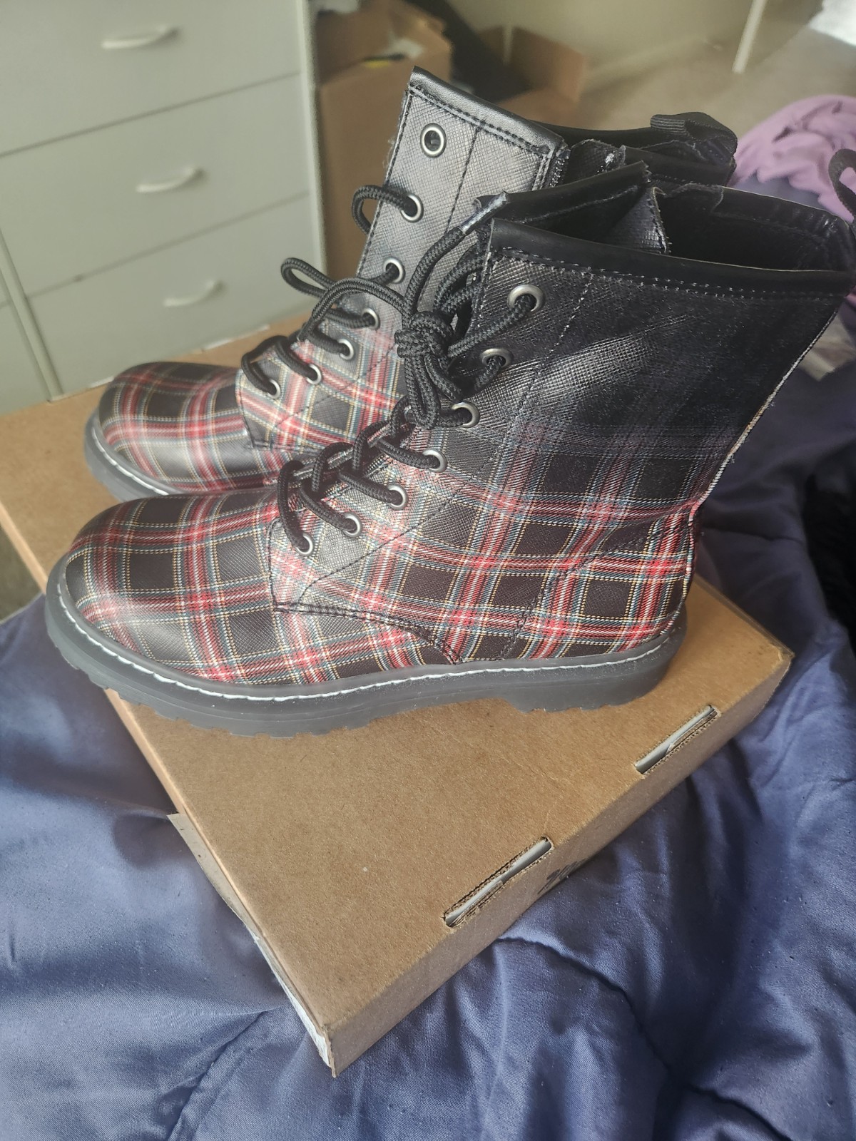 Wild Pair Women’s Black/Red Plaid Lace-Up Ankle Combat Boots