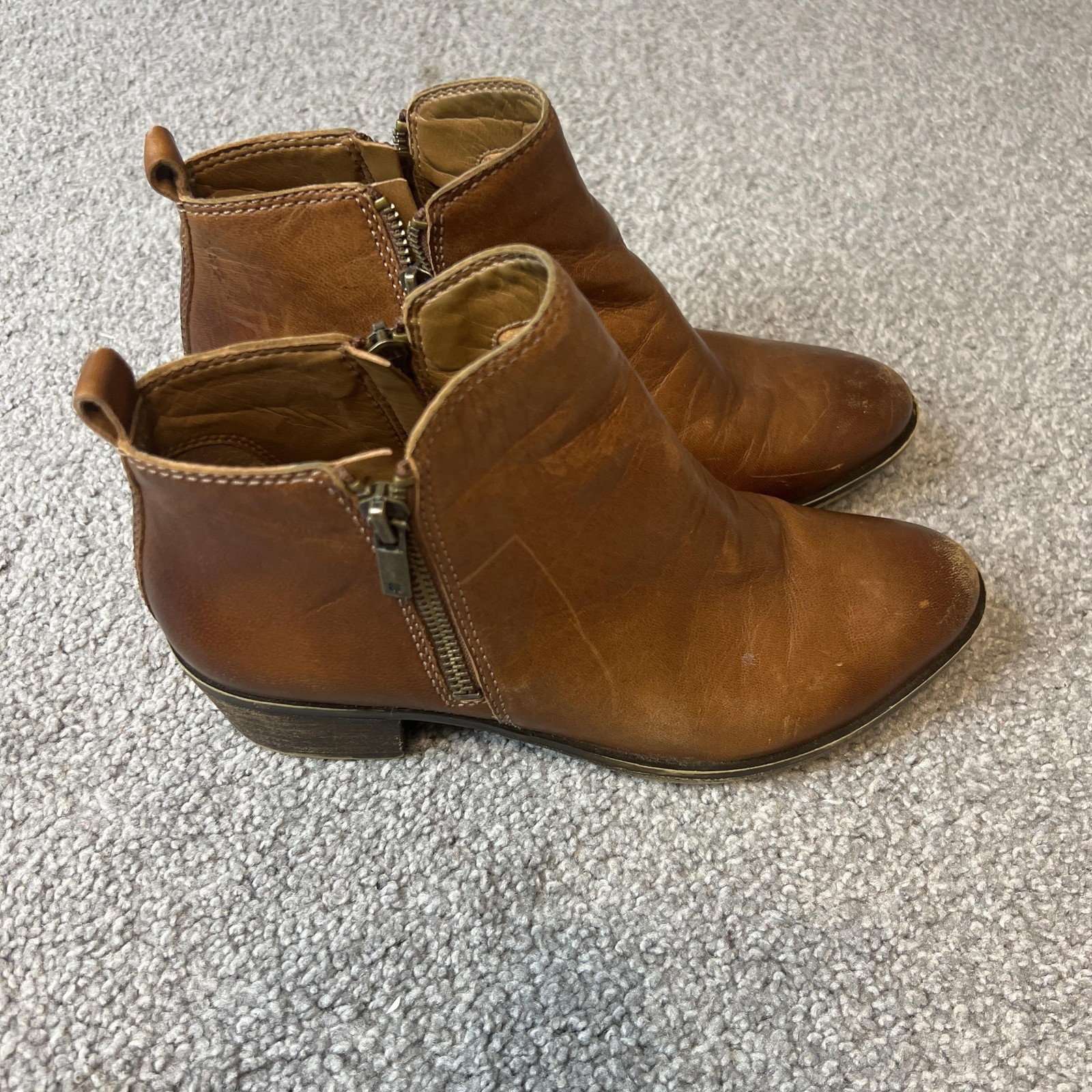 Lucky Brand Boots Womens Size 6 Brown Leather Ankle Booties Side Zip Low Heel
