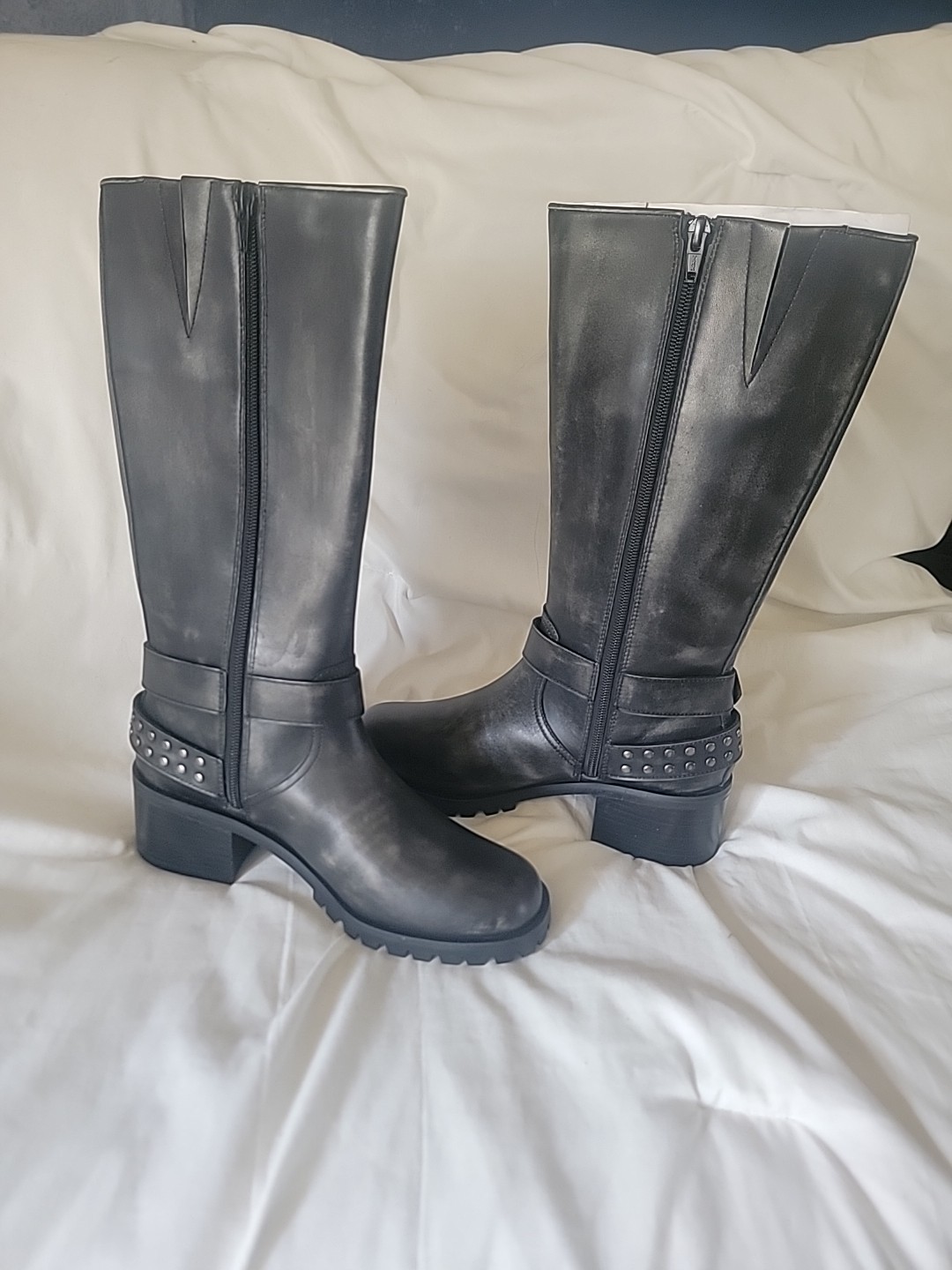 Lisa Vicky 7M Madly Knee High Boot Black Distressed Zip Adjustable Buckle New
