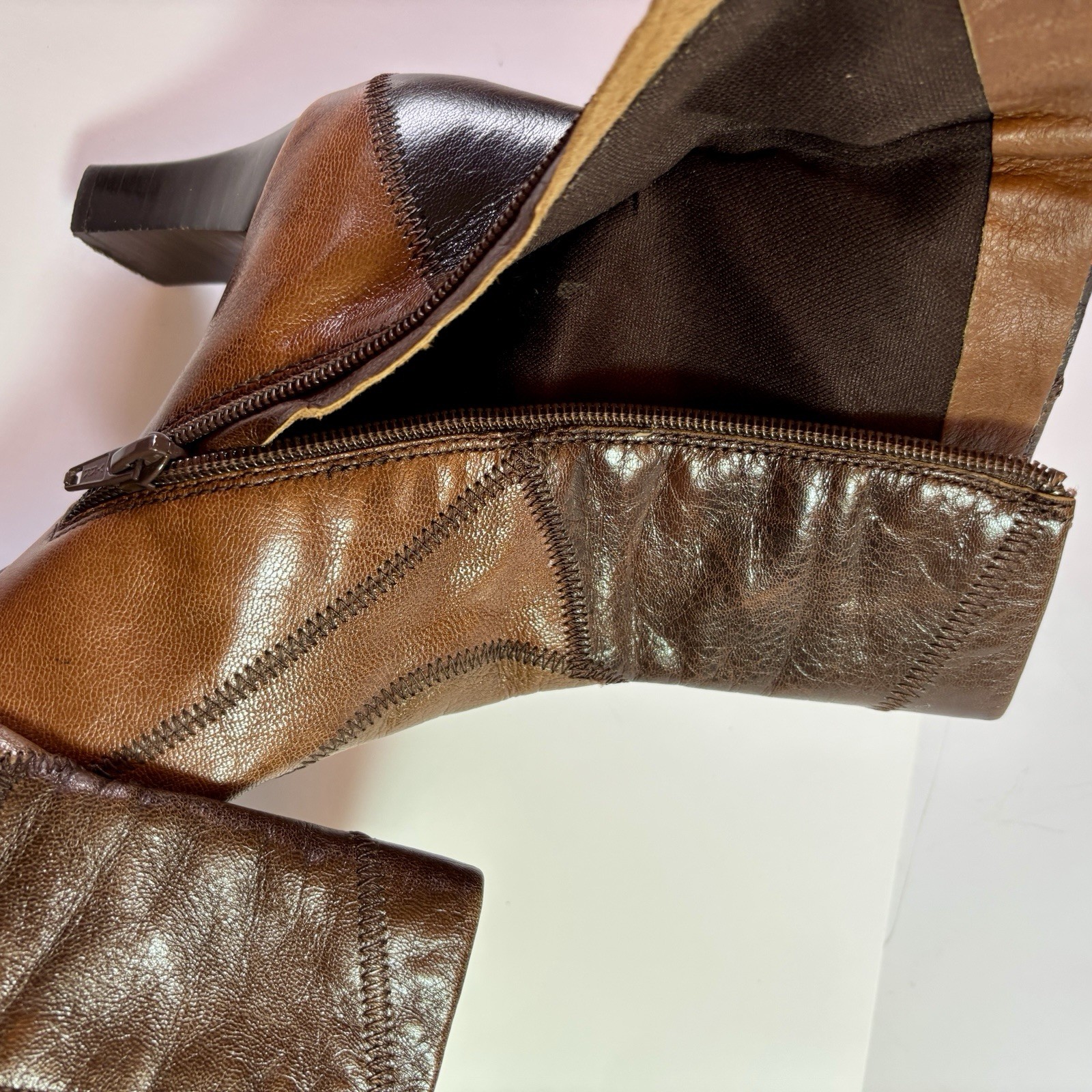 Liz Claiborne Boots 6.5 Short Mid Calf Leather Brown Patchwork 9” Shaft Height