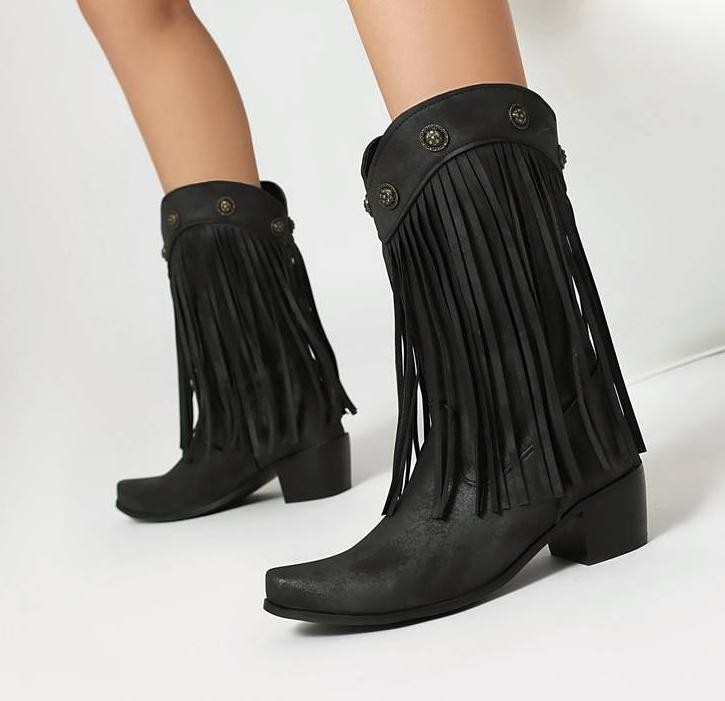 Retro Women’s Tassels Faux Leather Mid Calf Boots Casual Western Formal Shoes SZ