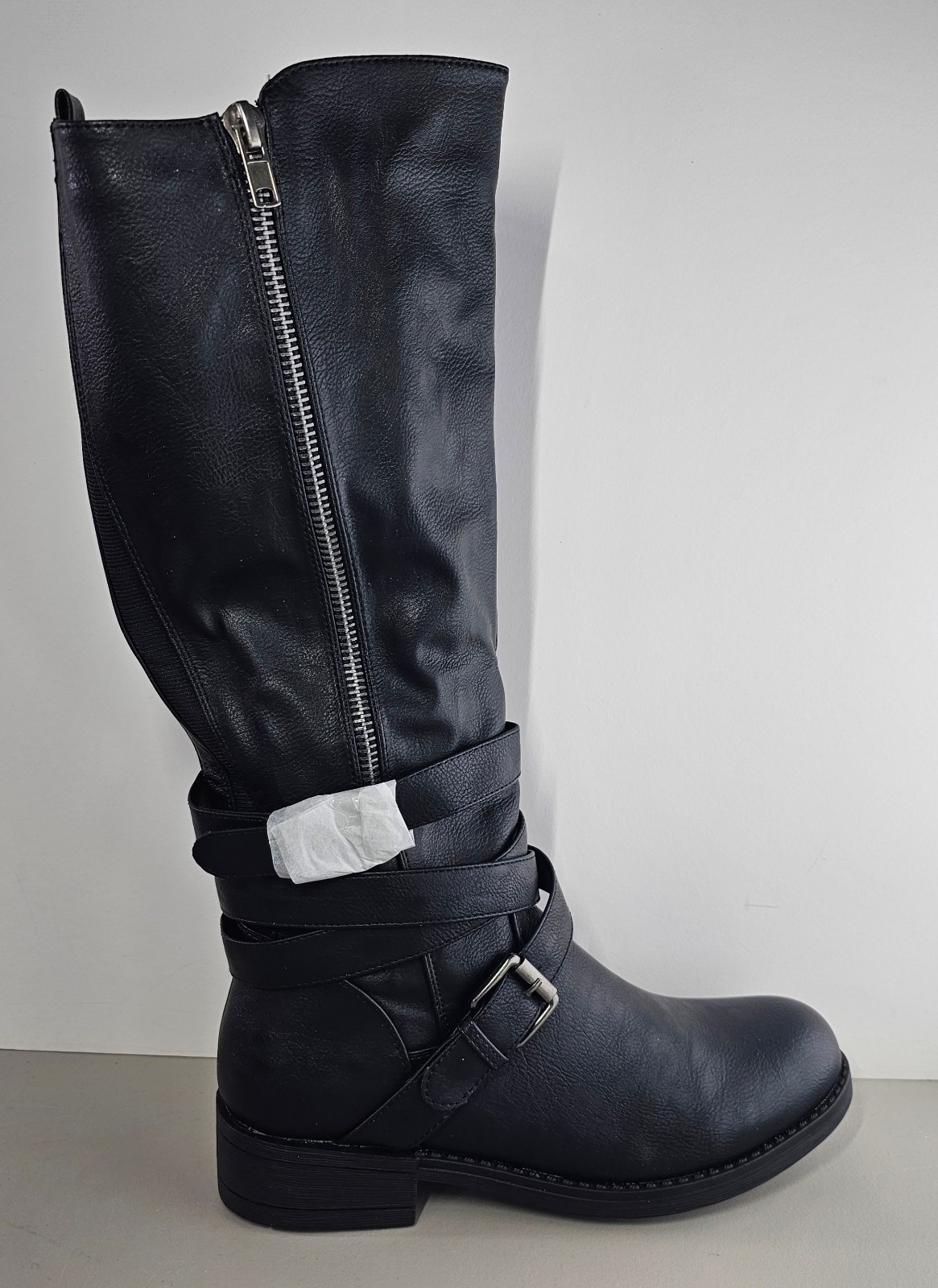 Global Win Tall Leather Boots Womens 11 Black Triple Strap Motorcycle Riding