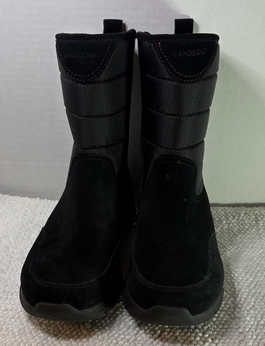 Land’s End Women’s Quilted Winter Boots Suede Leather Side Zip Black 8B 437043