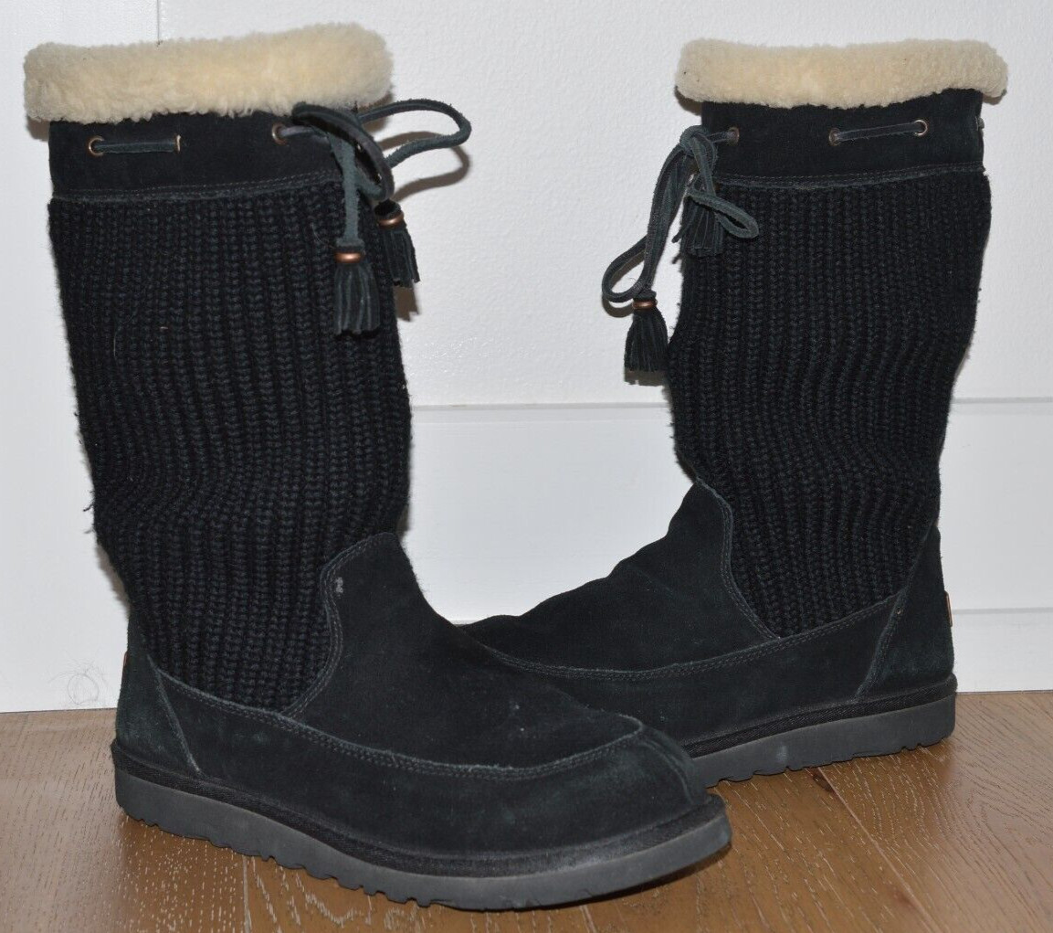 UGG Suburb Crochet Women Sz 6 Black Knit Suede Sweater Winter Lined Boots