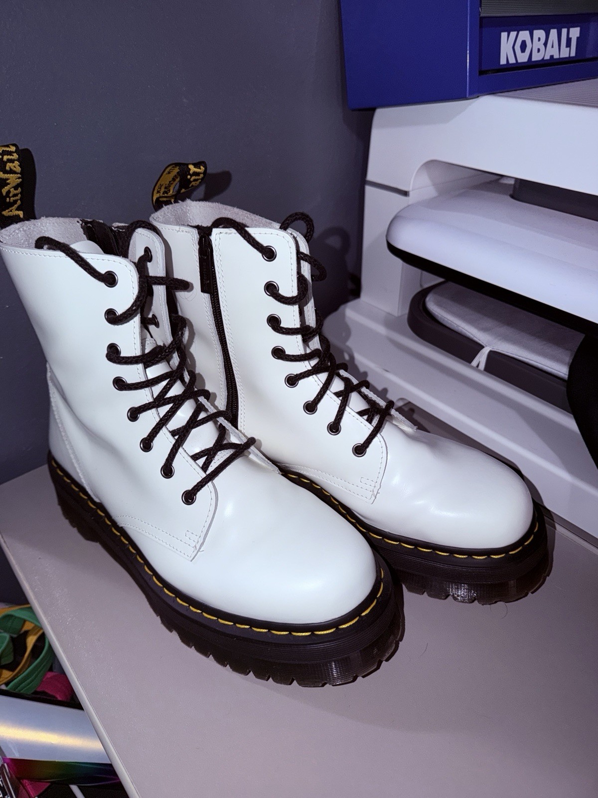 Dr. Martens Jadon White Leather Platform Combat Ankle Boots Lace-Up Zip US 12