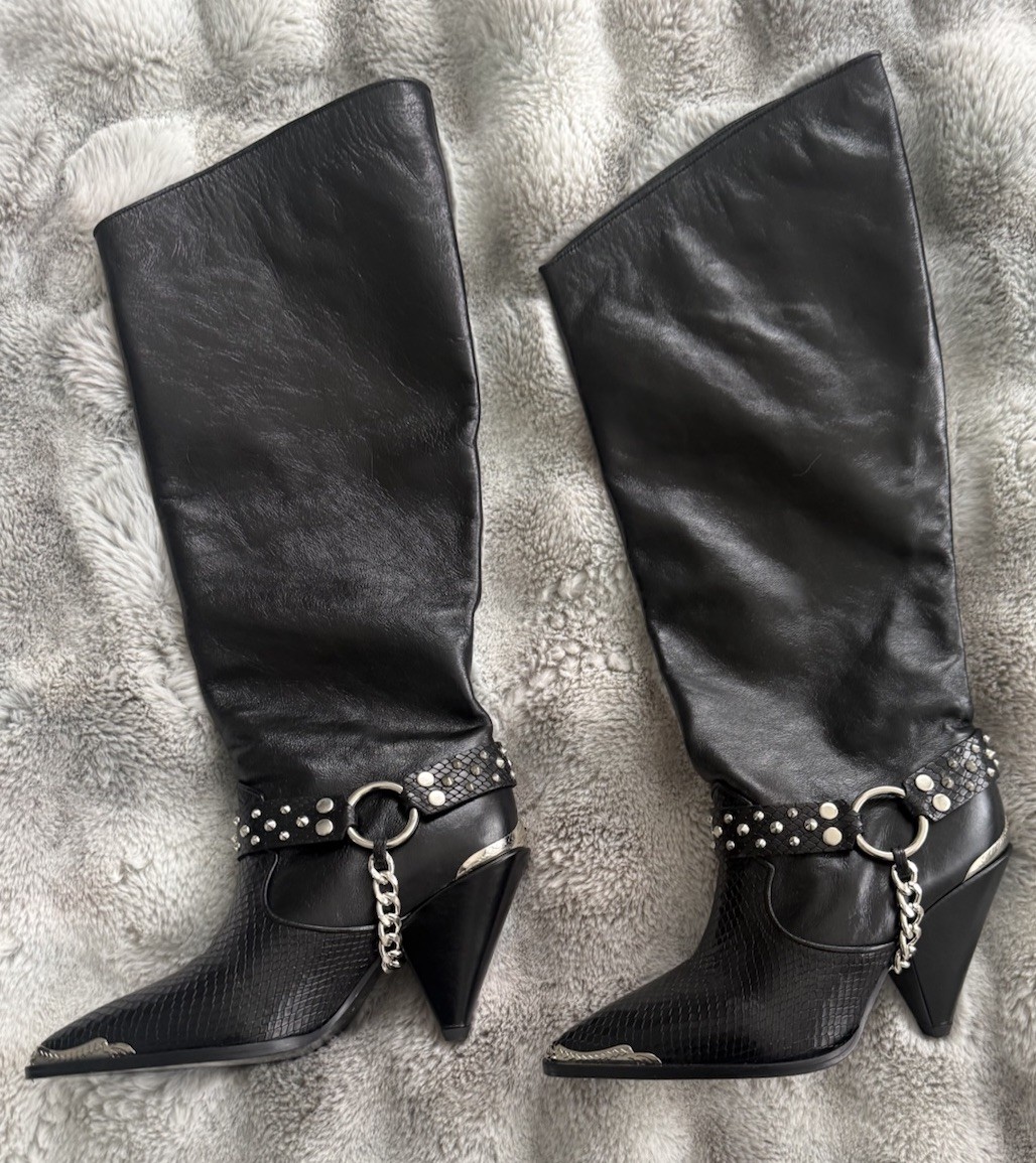The Kooples High Boots Black Leather Motorcycle Chain Stud Sz 39 $555