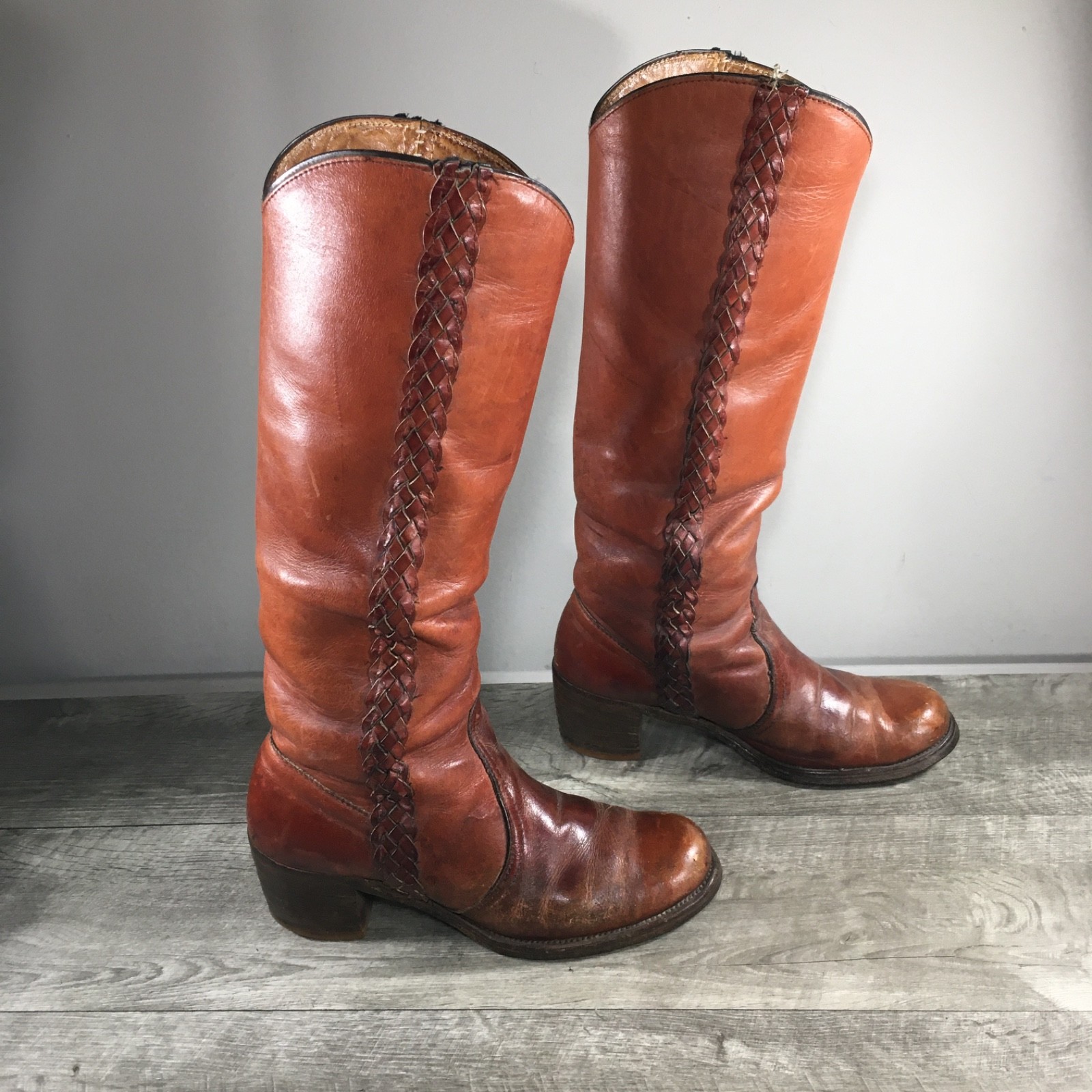 Frye True Vintage 1970s 8546 Braided Sabrina Campus Tall Brown Western Boots 8