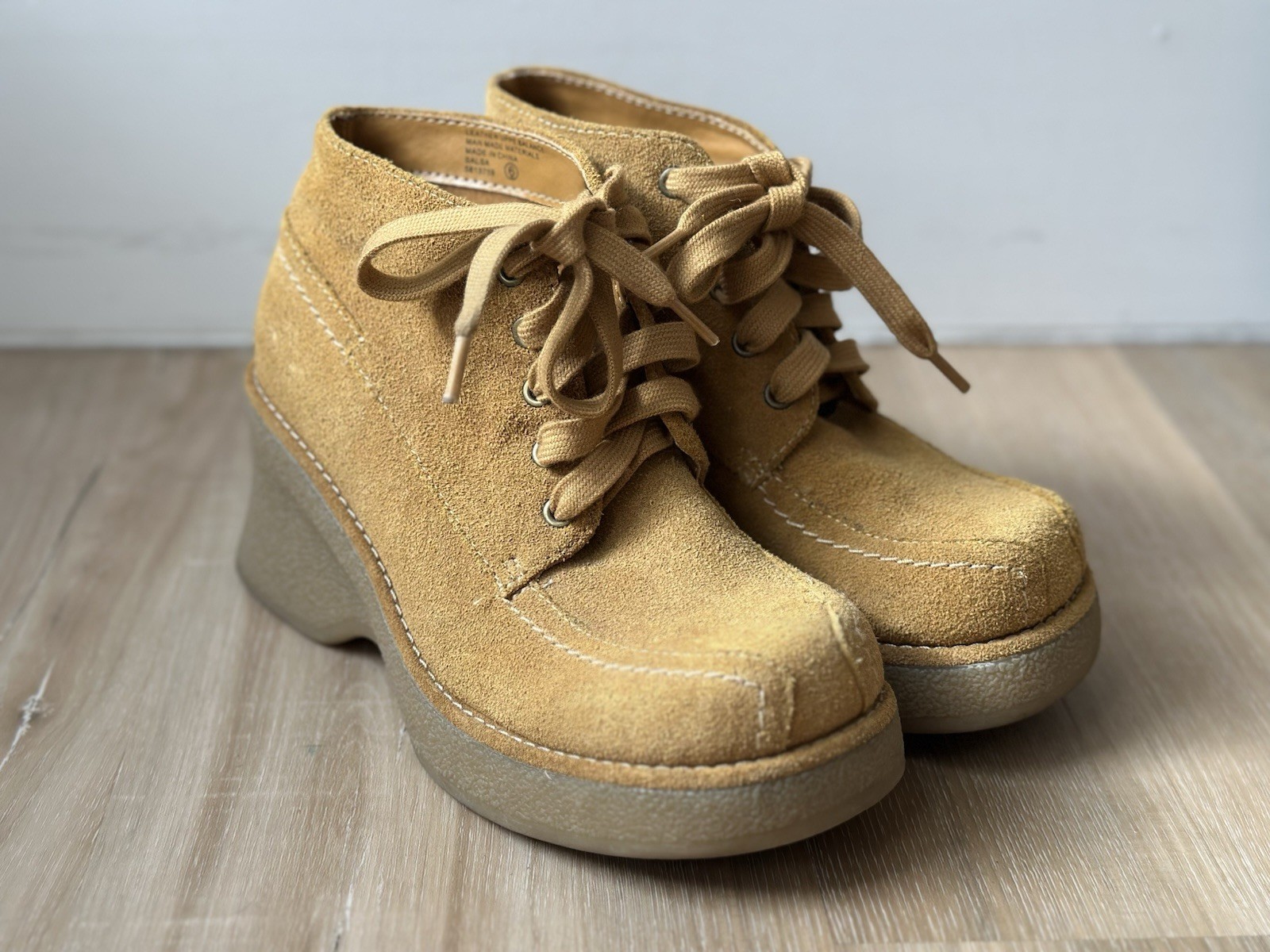Vtg No Boundaries Chunky Platform Boots Brown Suede Lace Up Moc Toe Y2K Grunge 6